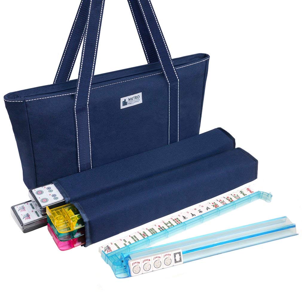 American Mah Jongg Set - 166 White Tiles, 4 Rack/Pushers, Blue Canvas Bag I88550