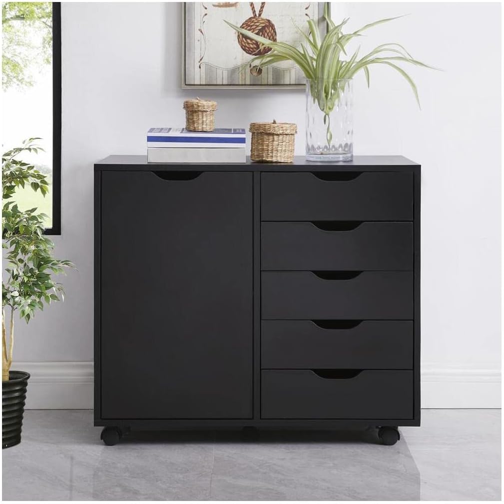 Black 5 Drawer Wood Storage Cabinet with Wheels Y40180