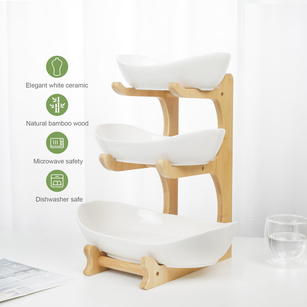 3 Tier Ceramic Fruit Bowl with Bamboo Stand W41092