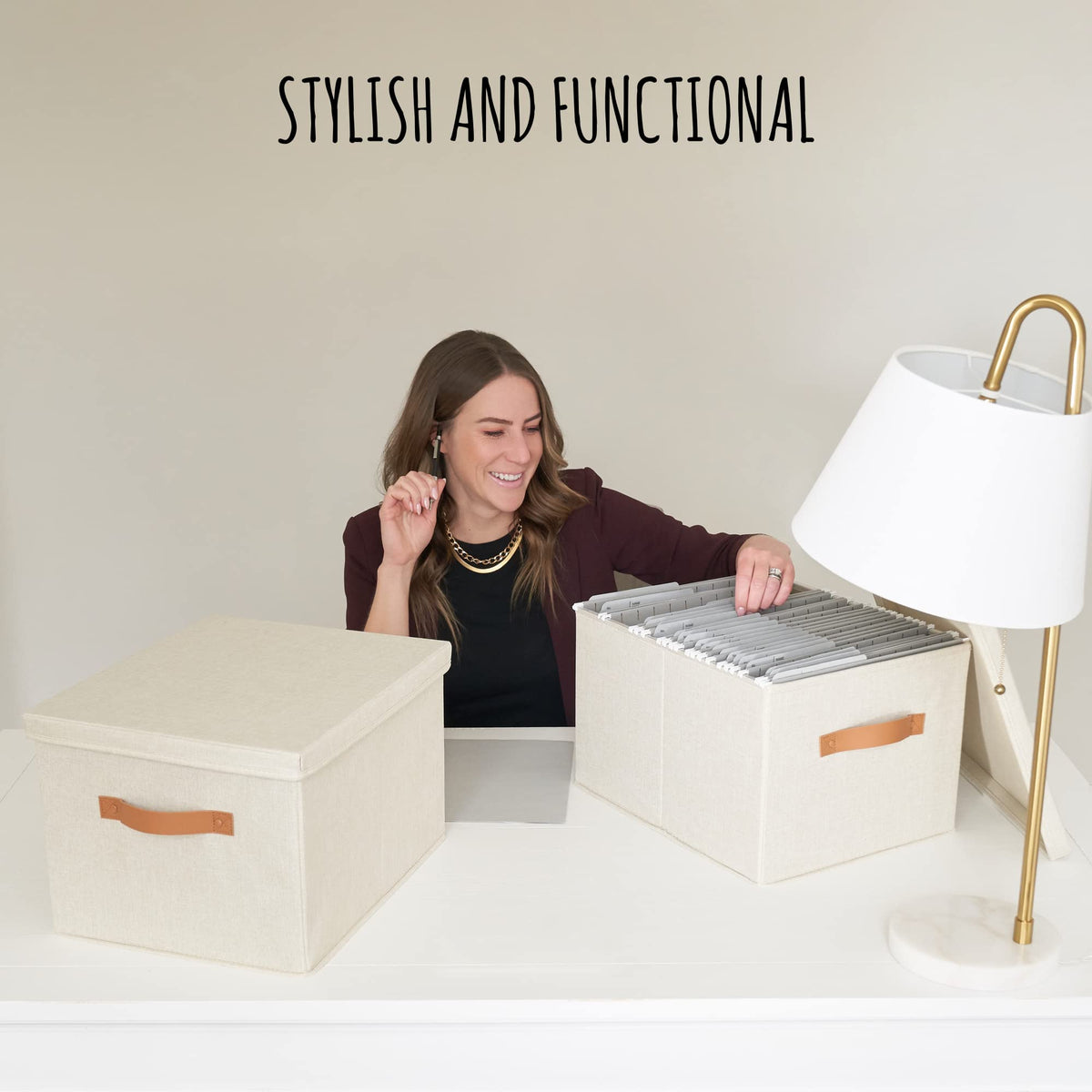 Collapsible Linen File Organizer Box Set of 2 B7396