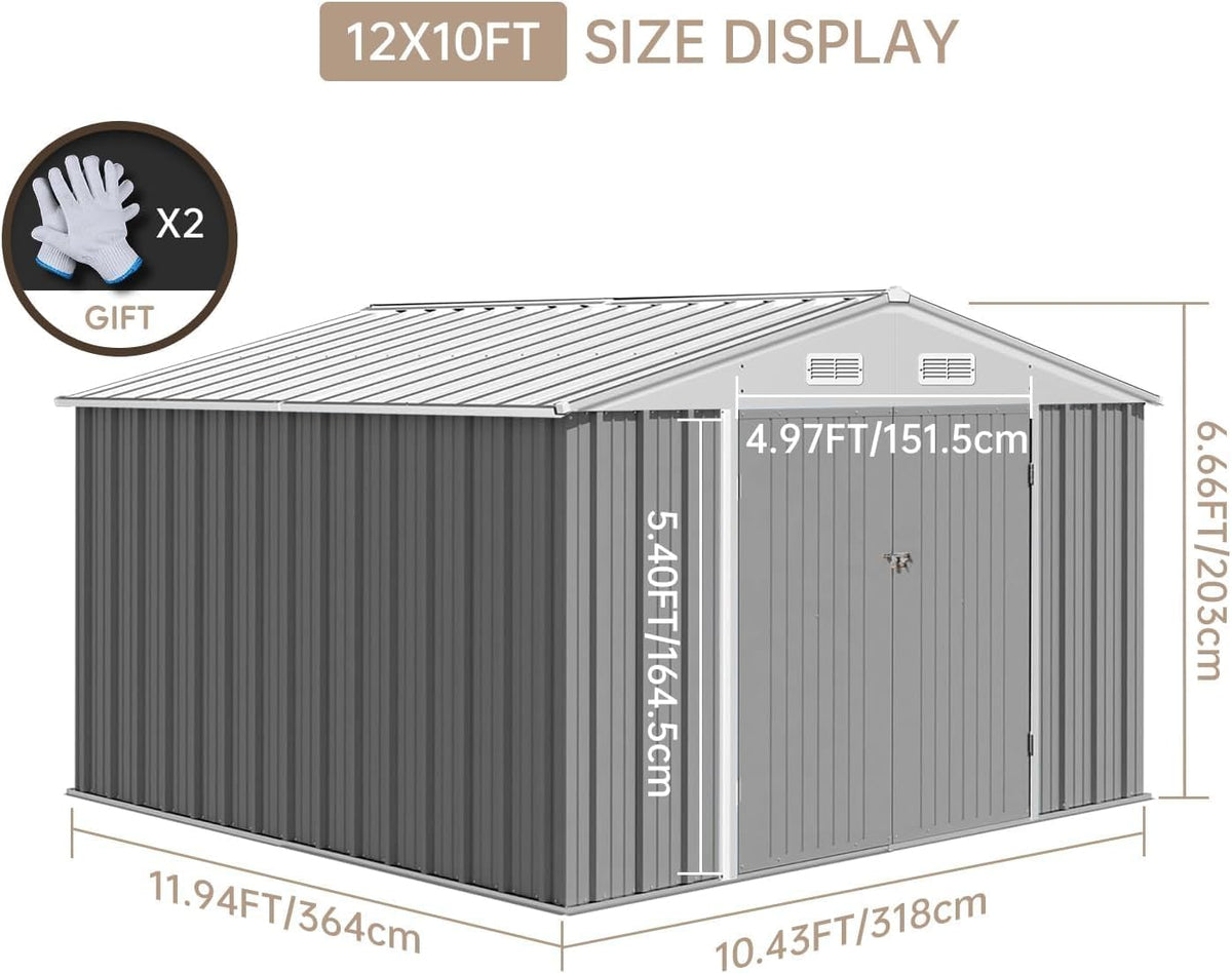 12X10FT Metal Storage Shed with Lockable Doors B6096
