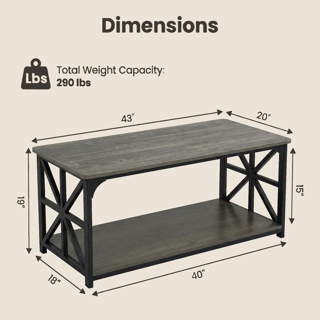 2-Tier Rectangular Coffee Table with Wooden Top and Metal Frame D593887