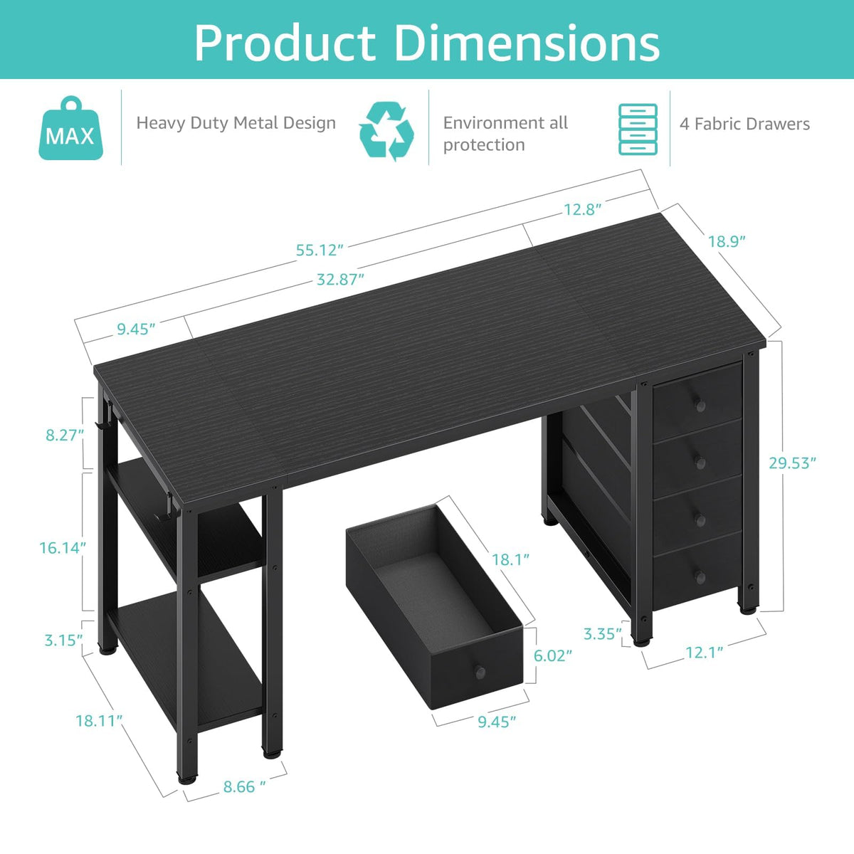 Black 55 inch Gaming Desk with 4 Drawers and Shelves B927