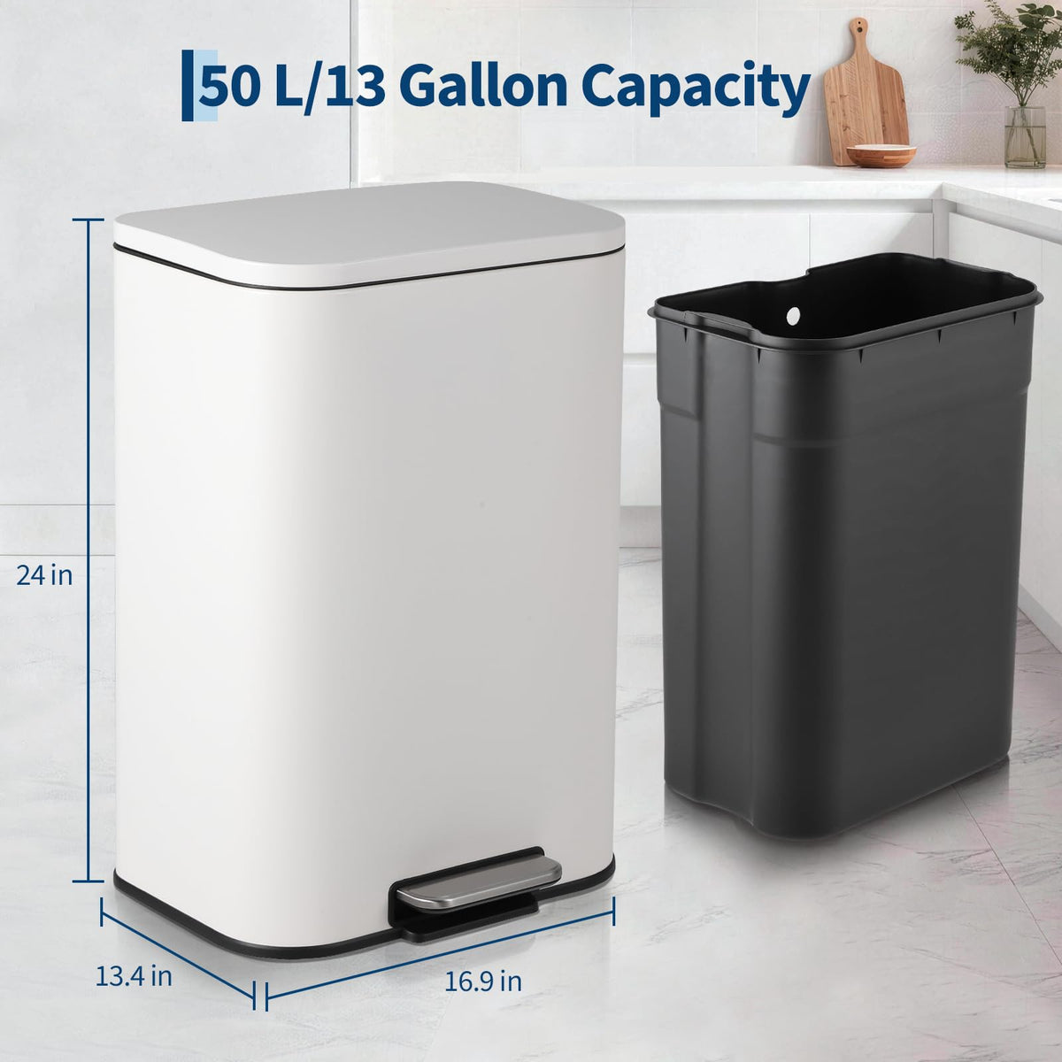 13.2 Gallon White Stainless Steel Step Trash Can I30528