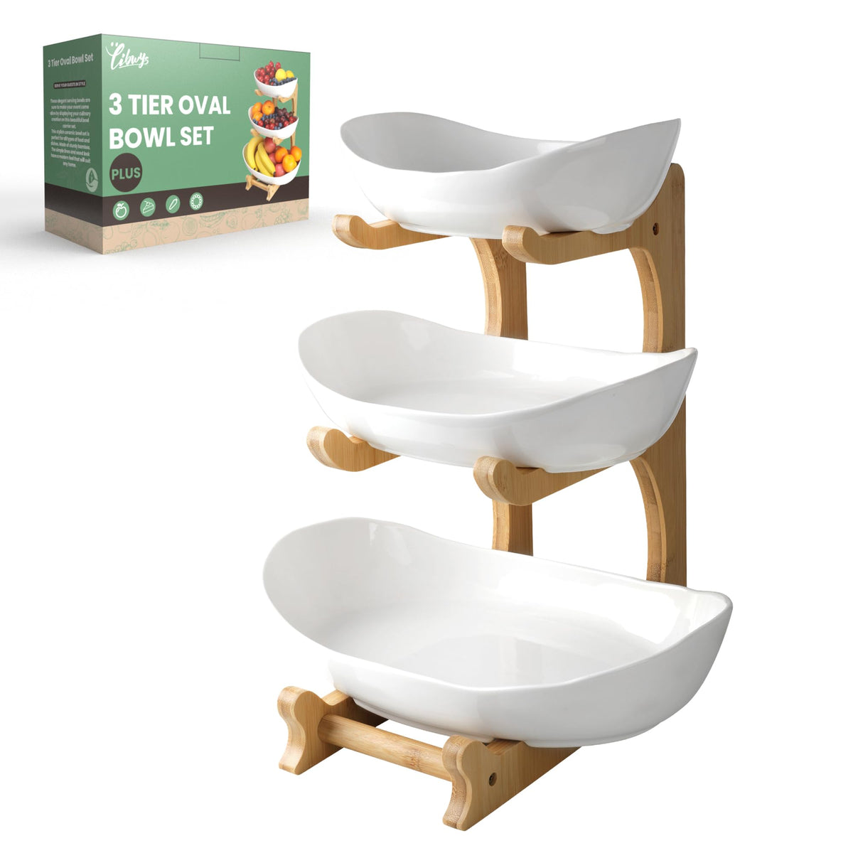 3 Tier Ceramic Fruit Bowl with Bamboo Stand W41092