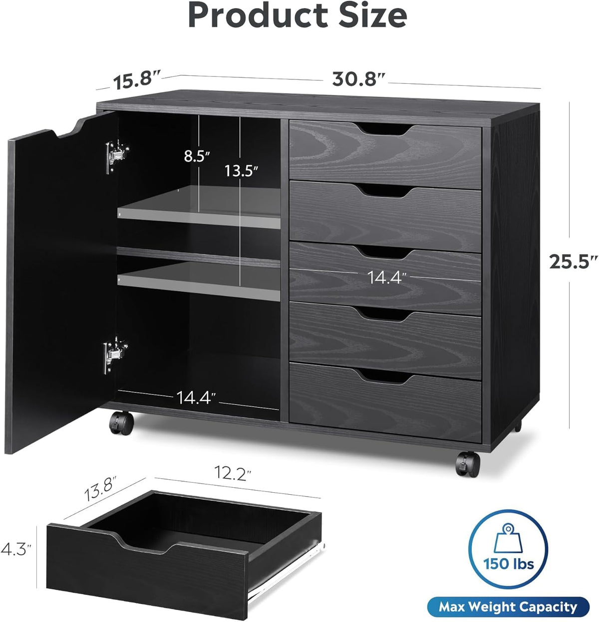 Black 5 Drawer Wood Storage Cabinet with Wheels Y40180