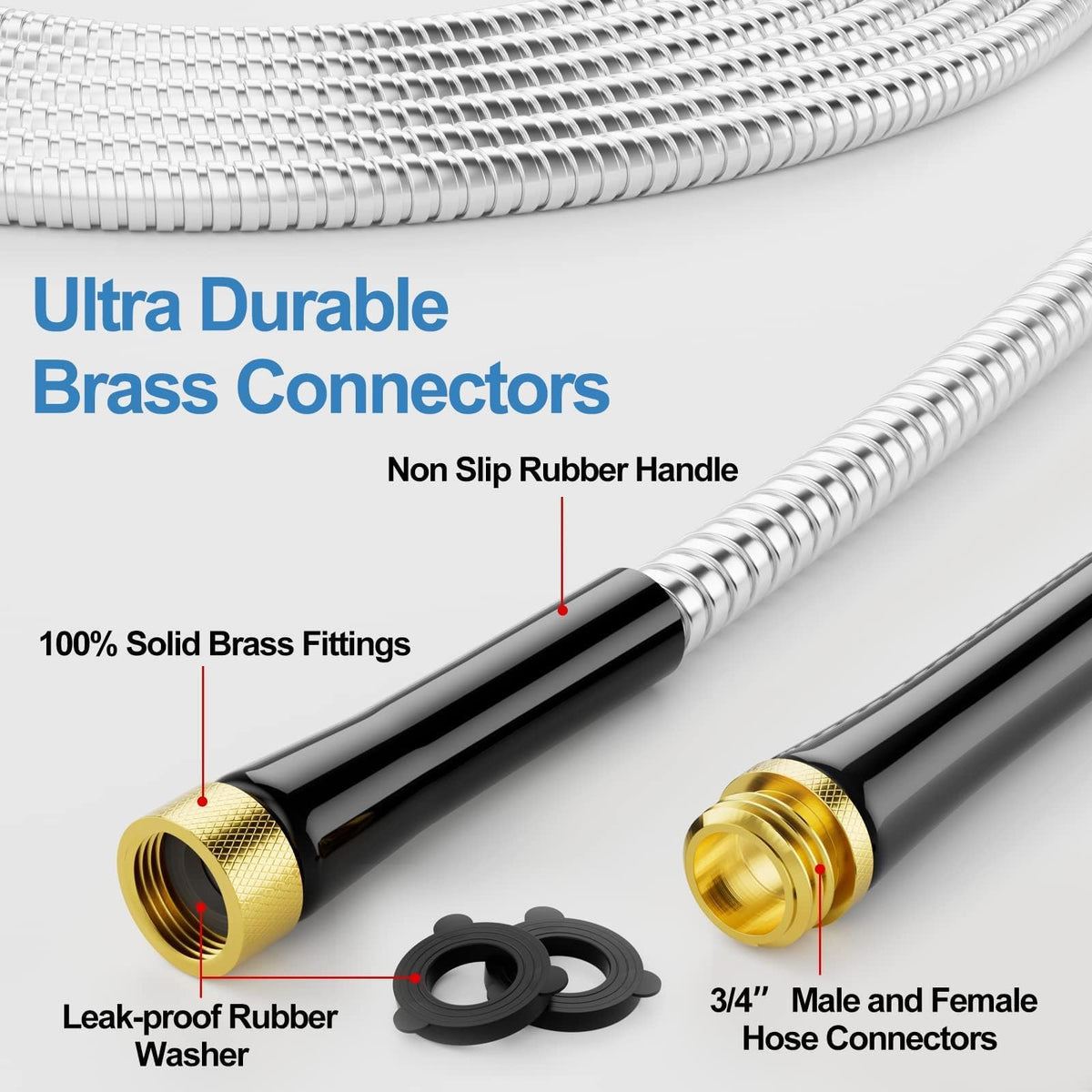 100ft 304 Stainless Steel Metal Garden Hose with Rubber Grip H2624