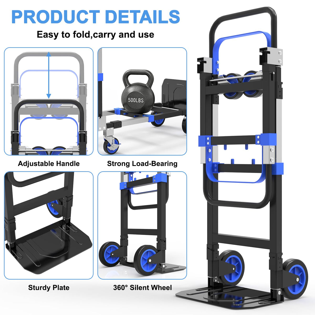3-in-1 Folding Heavy Duty Hand Truck Dolly Cart Trolley with Wheels (Blue) M87445