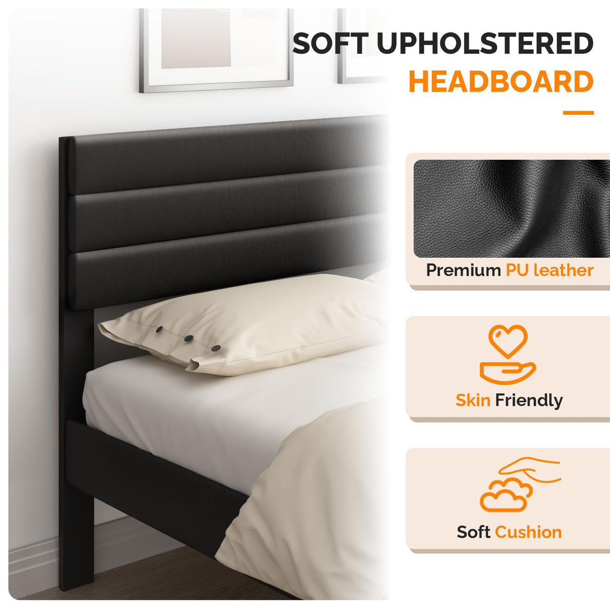 Full Faux Leather Upholstered Platform Bed Frame with Adjustable Headboard M29982
