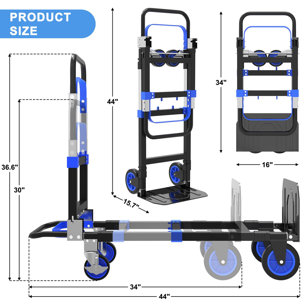 3-in-1 Folding Heavy Duty Hand Truck Dolly Cart Trolley with Wheels (Blue) M87445