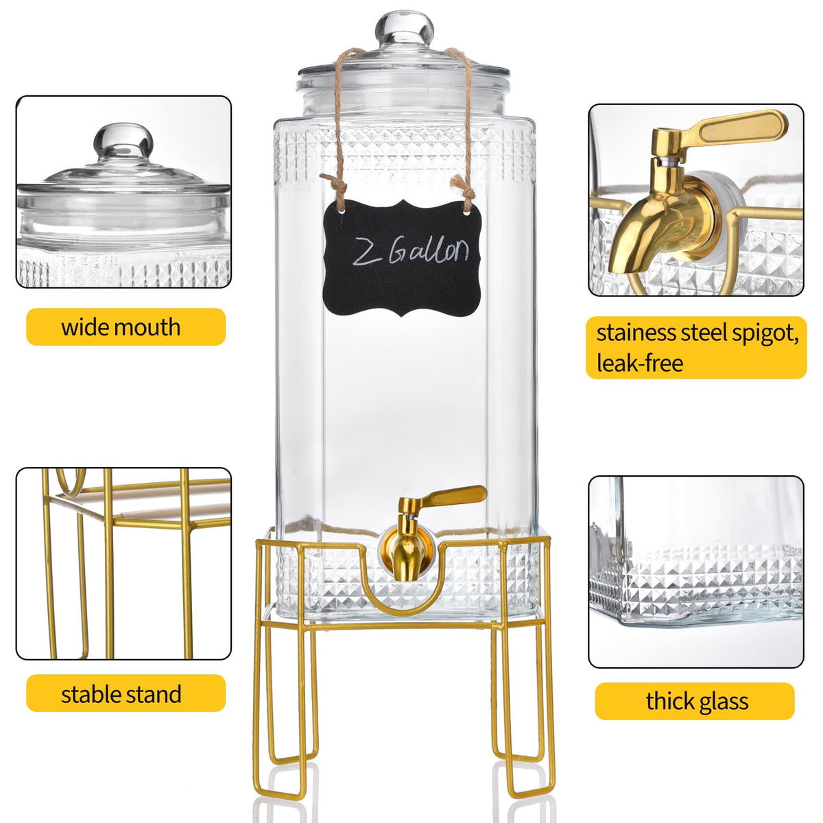 2 Gallon Drink Dispenser with Stand, Glass Lid and Stainless Steel Spigot X99936