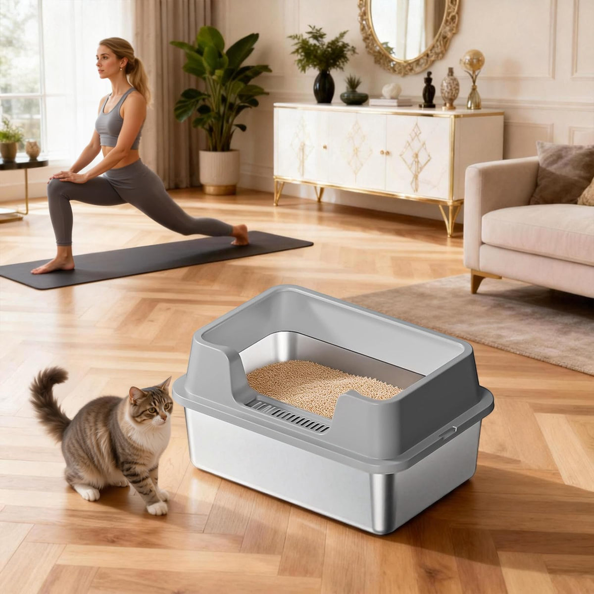 XL Stainless Steel Enclosed Cat Litter Box with Scoop I841521