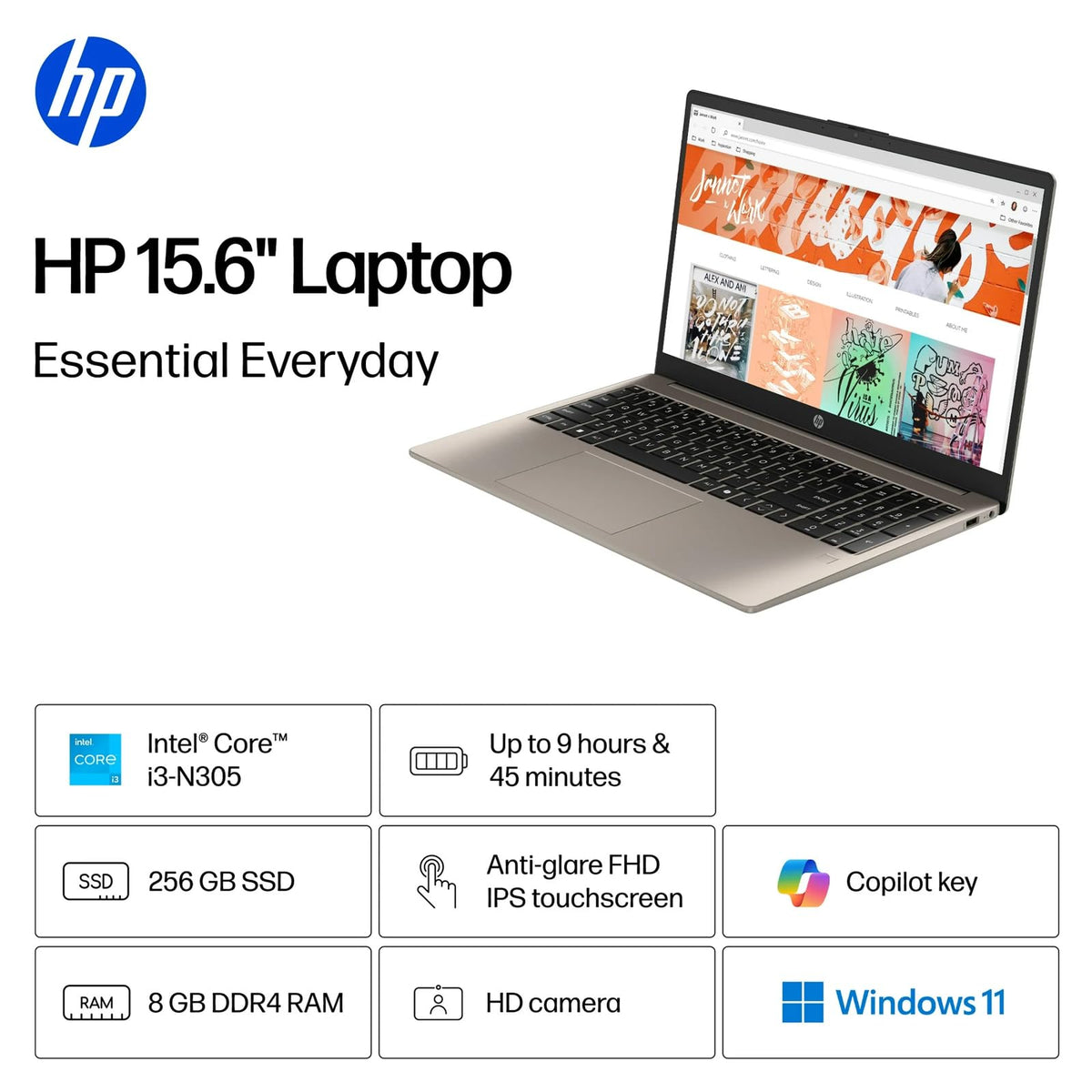 15.6 inch FHD IPS Touchscreen Laptop, Intel Core i3-N305, 8GB DDR4 RAM, 256GB SSD X81305