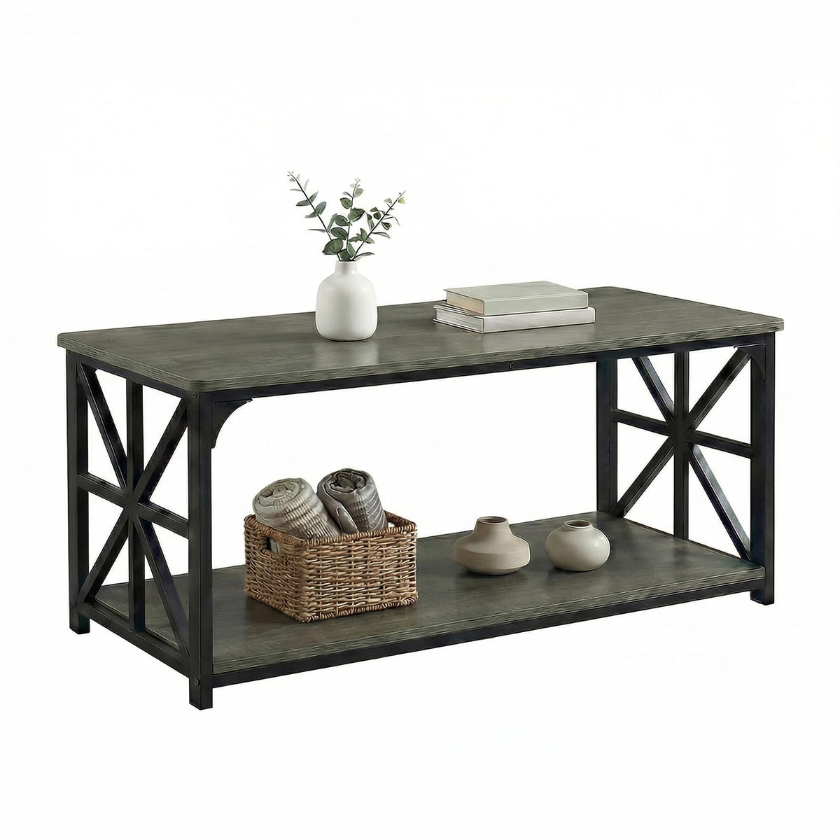 2-Tier Rectangular Coffee Table with Wooden Top and Metal Frame D593887