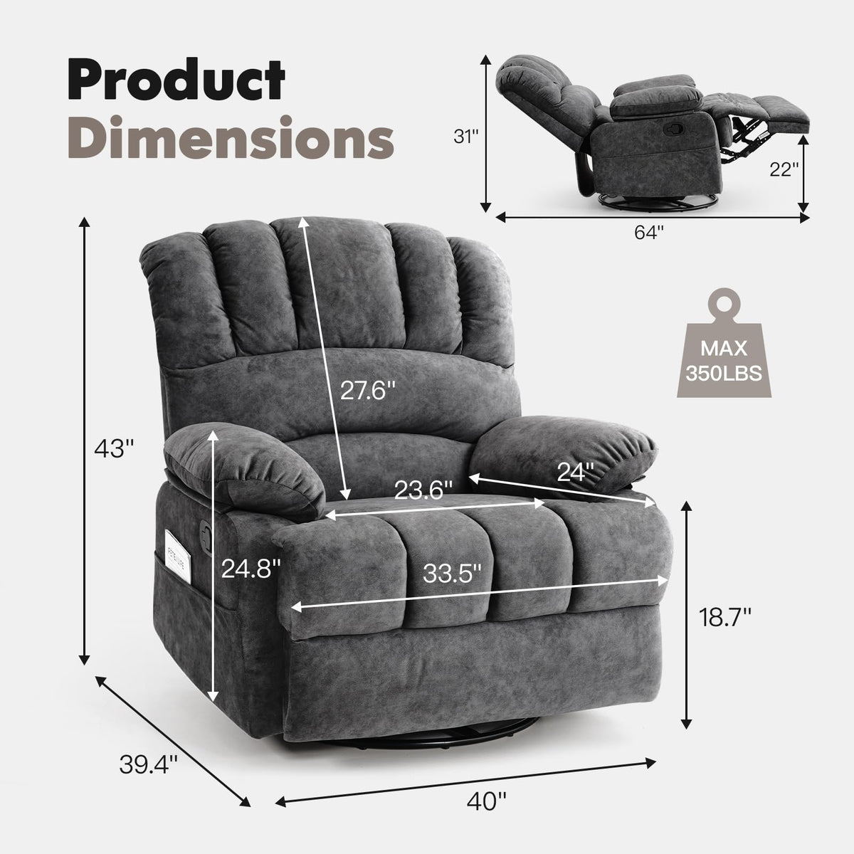 Oversized Manual Swivel Rocker Recliner Chair R68957
