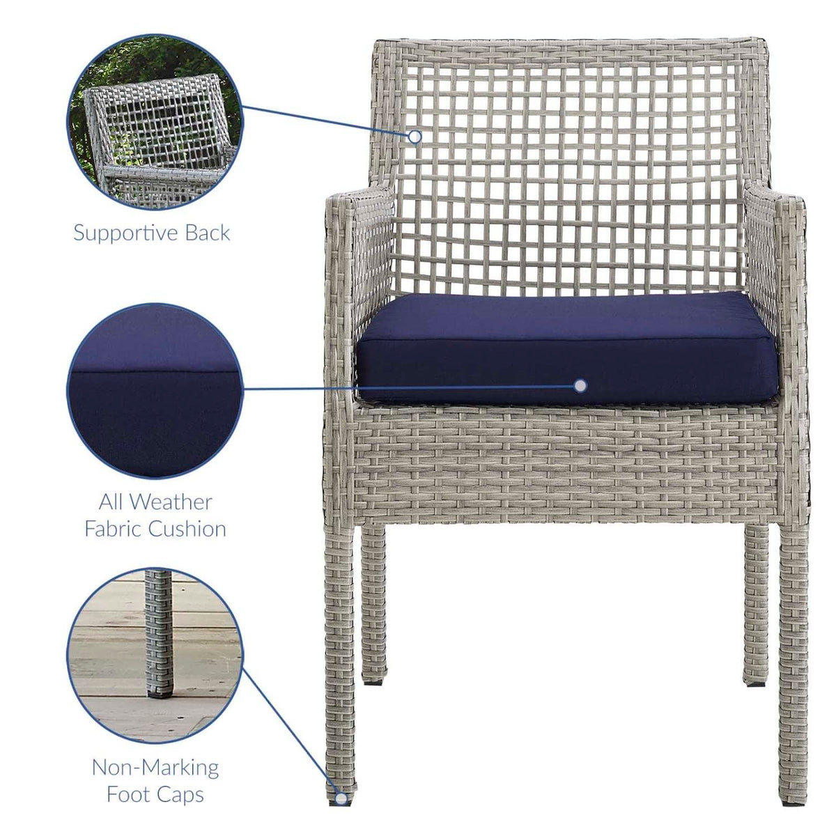 Gray Navy Wicker Rattan Outdoor Dining Arm Chair with Cushion Q67897