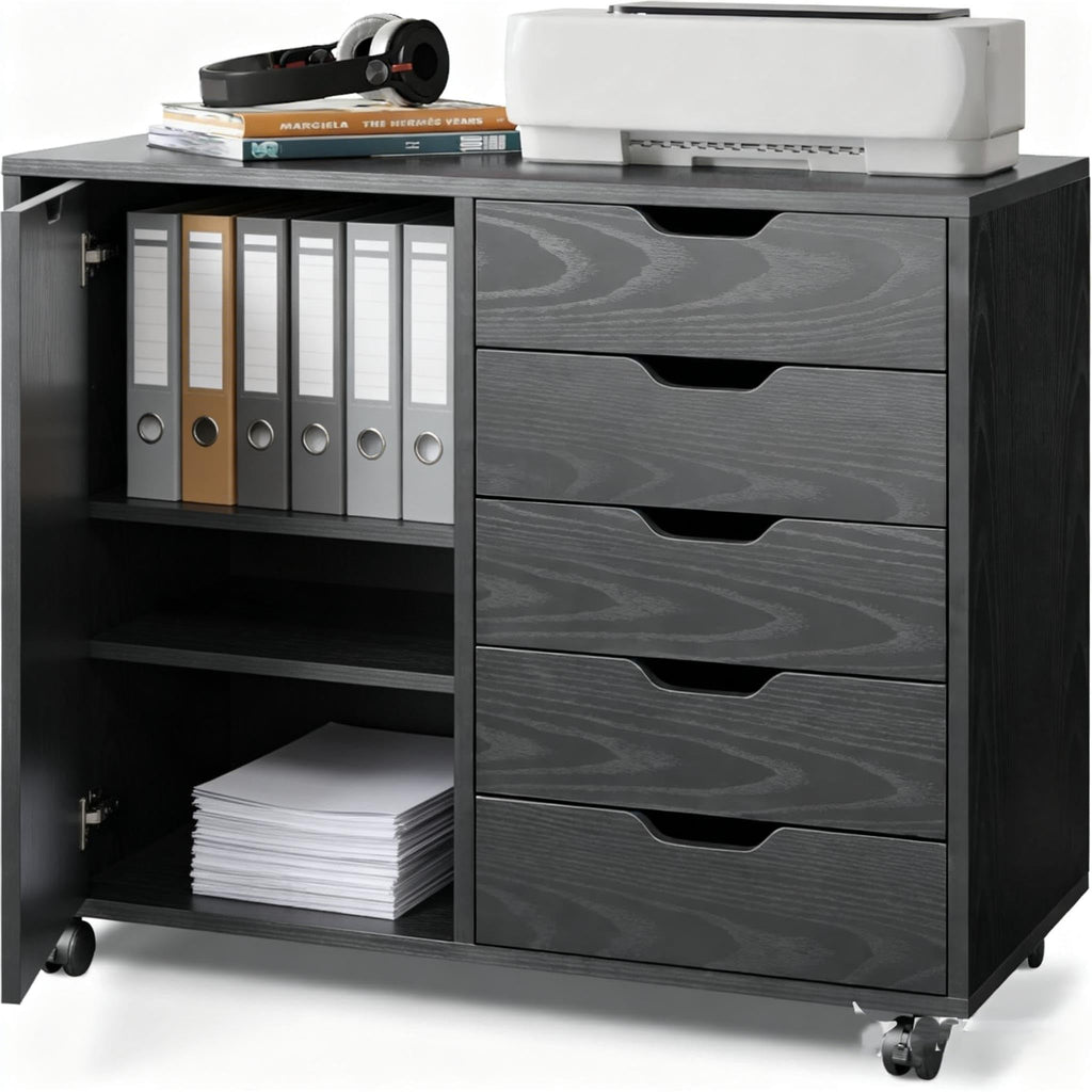 Black 5 Drawer Wood Storage Cabinet with Wheels Y40180