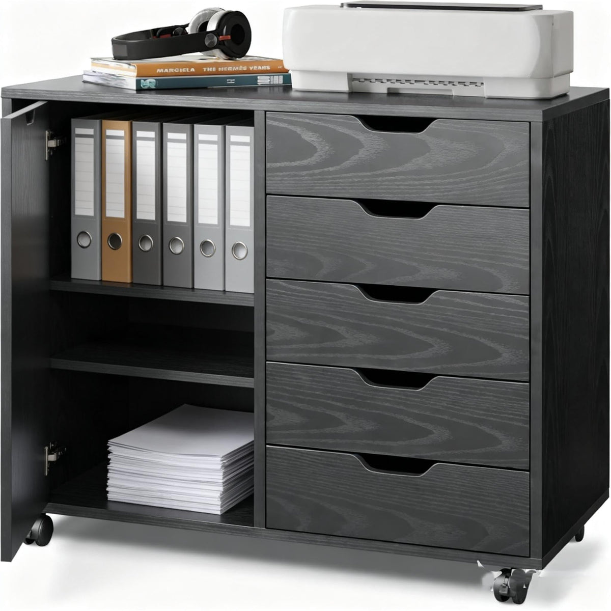 Black 5 Drawer Wood Storage Cabinet with Wheels Y40180