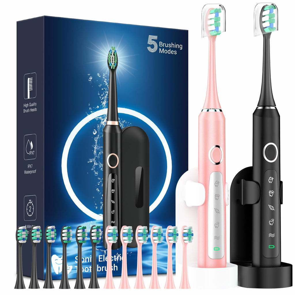 2 Pack Rechargeable Electric Toothbrush with 12 Brush Heads & 2 Travel Case R59655