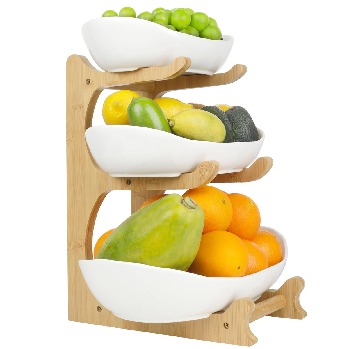 3 Tier Ceramic Fruit Bowl with Bamboo Stand W41092