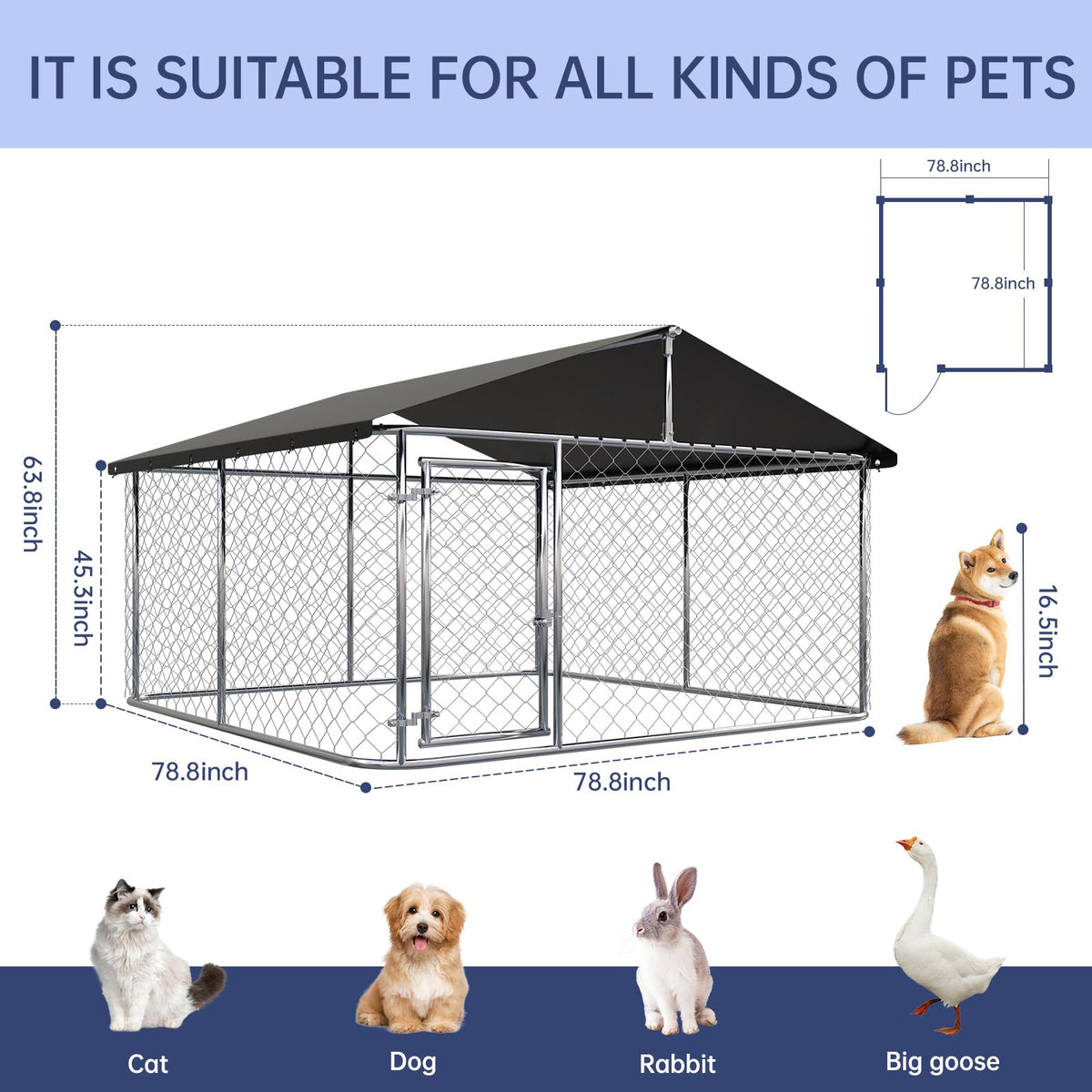 Outdoor Dog Kennel Steel Fence with Secure Lock 78”x 78” U991