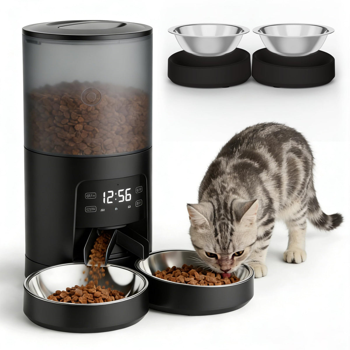 6L Automatic Cat Feeder with 2 Stainless Bowls Black N548950