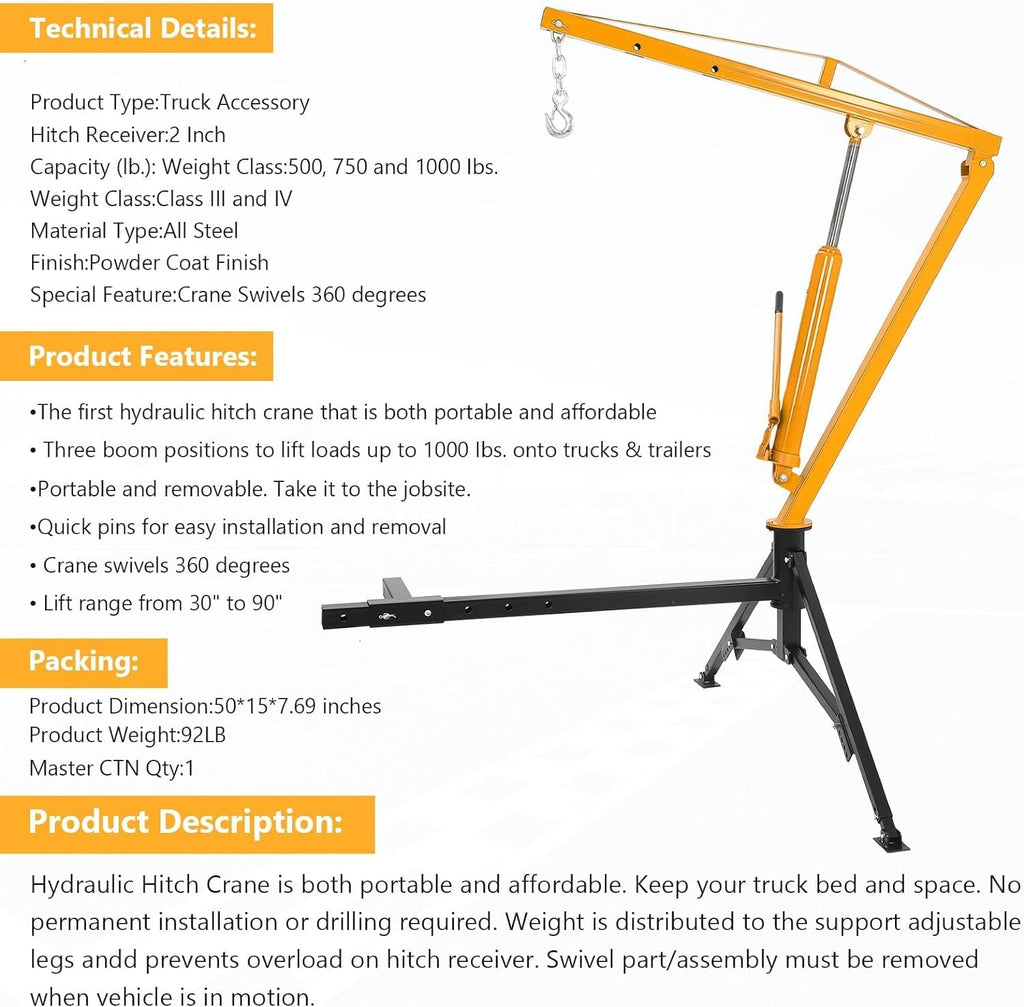 Hydraulic Hitch Mounted Pickup Truck Crane, 1000 Lbs Capacity, 360° Swivel, Yellow L8884