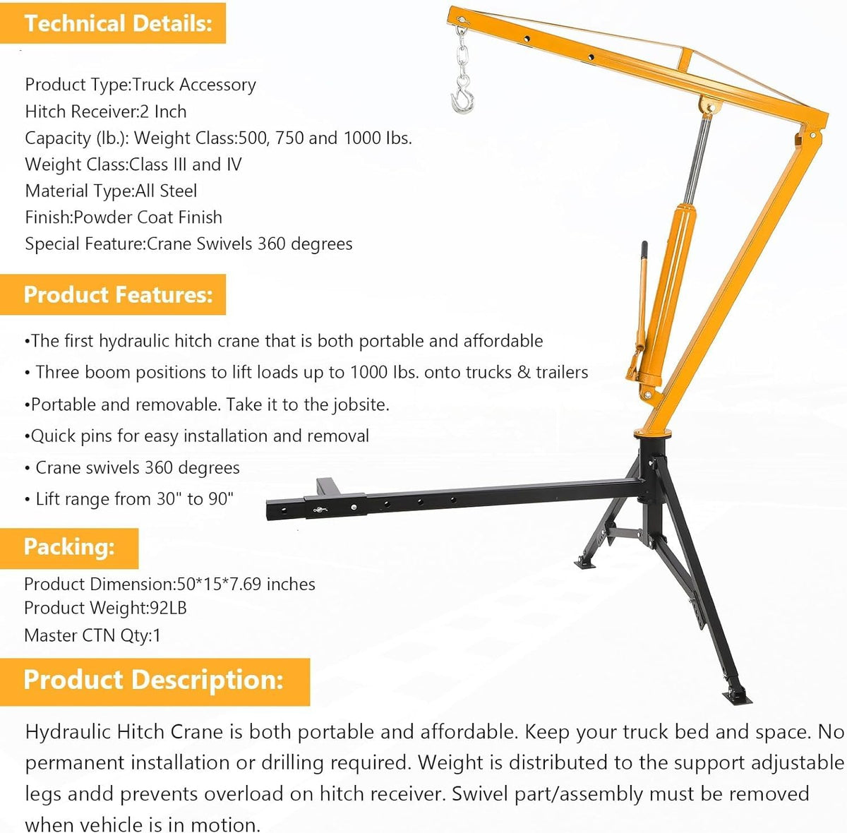Hydraulic Hitch Mounted Pickup Truck Crane, 1000 Lbs Capacity, 360° Swivel, Yellow L8884