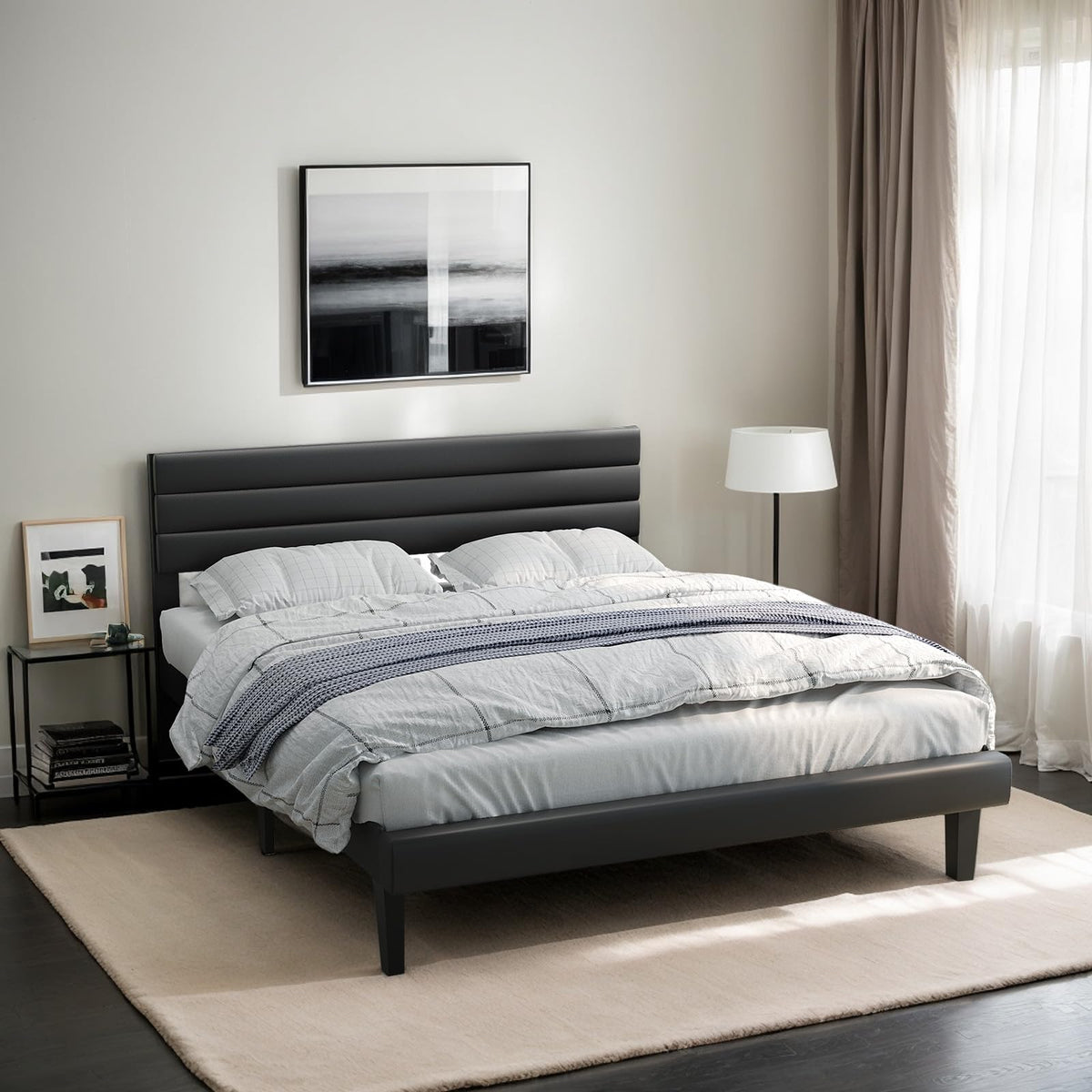 Full Faux Leather Upholstered Platform Bed Frame with Adjustable Headboard M29982