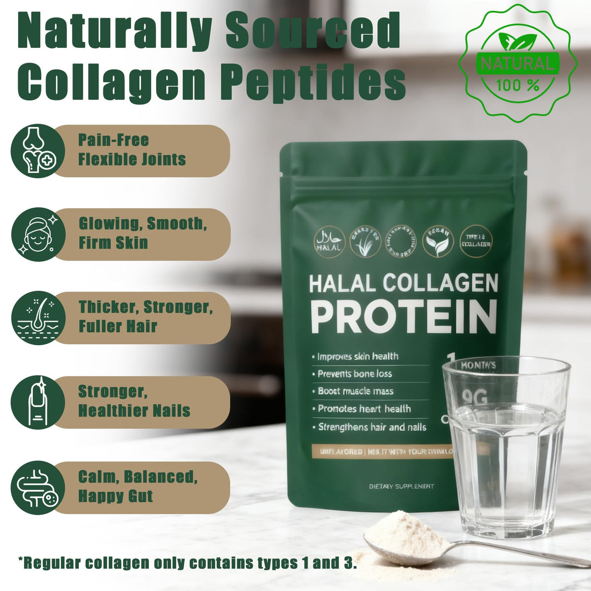 Halal Collagen Protein Powder, Grass Fed Organic Hydrolyzed Peptides, Unflavoured, 30 Servings W307