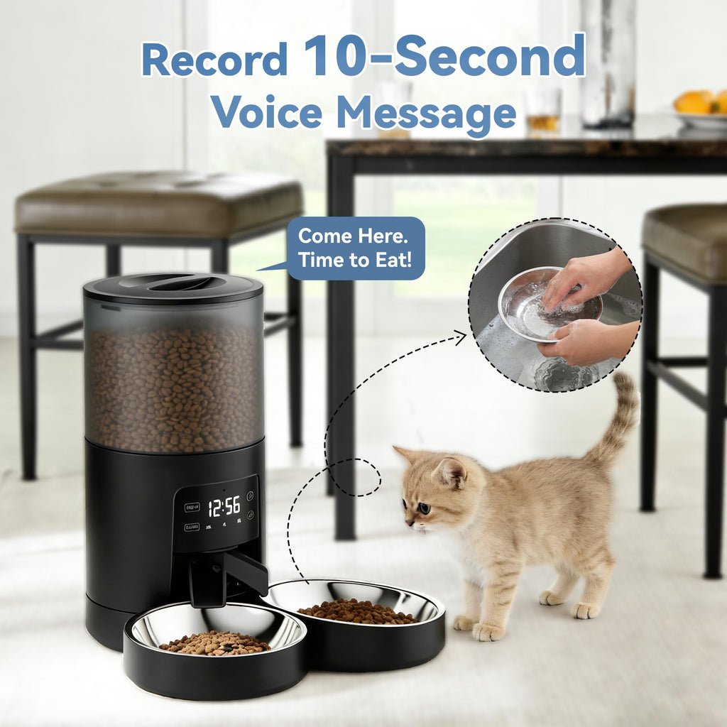6L Automatic Cat Feeder with 2 Stainless Bowls Black N548950