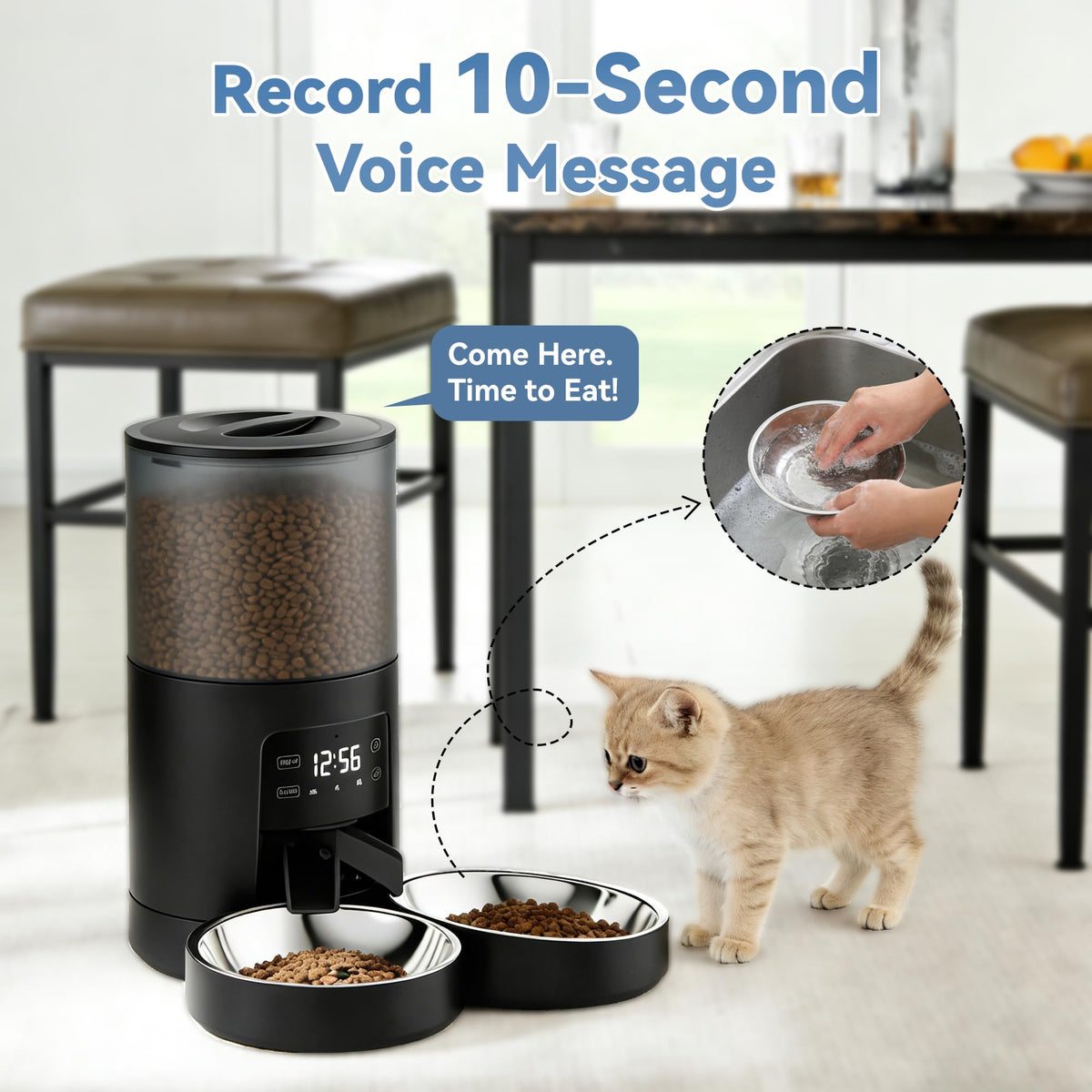 6L Automatic Cat Feeder with 2 Stainless Bowls Black N548950