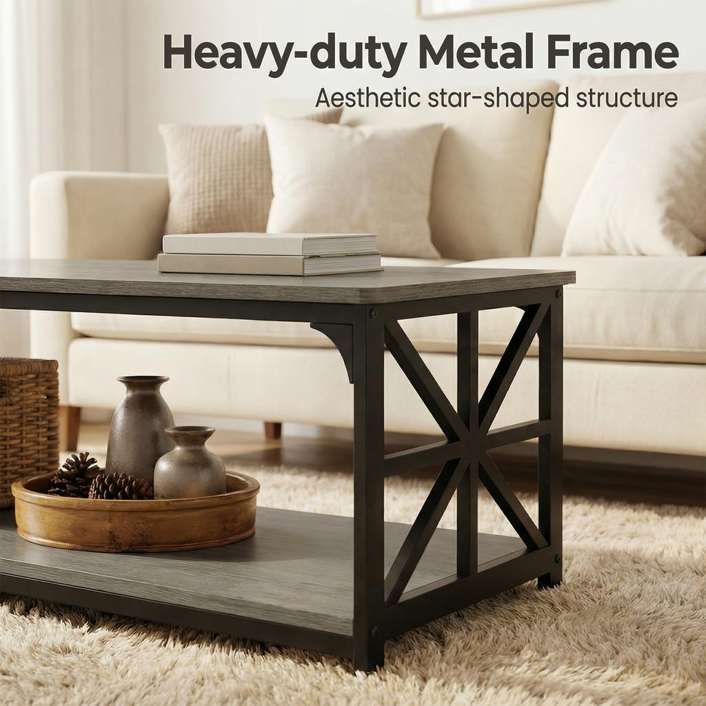2-Tier Rectangular Coffee Table with Wooden Top and Metal Frame D593887