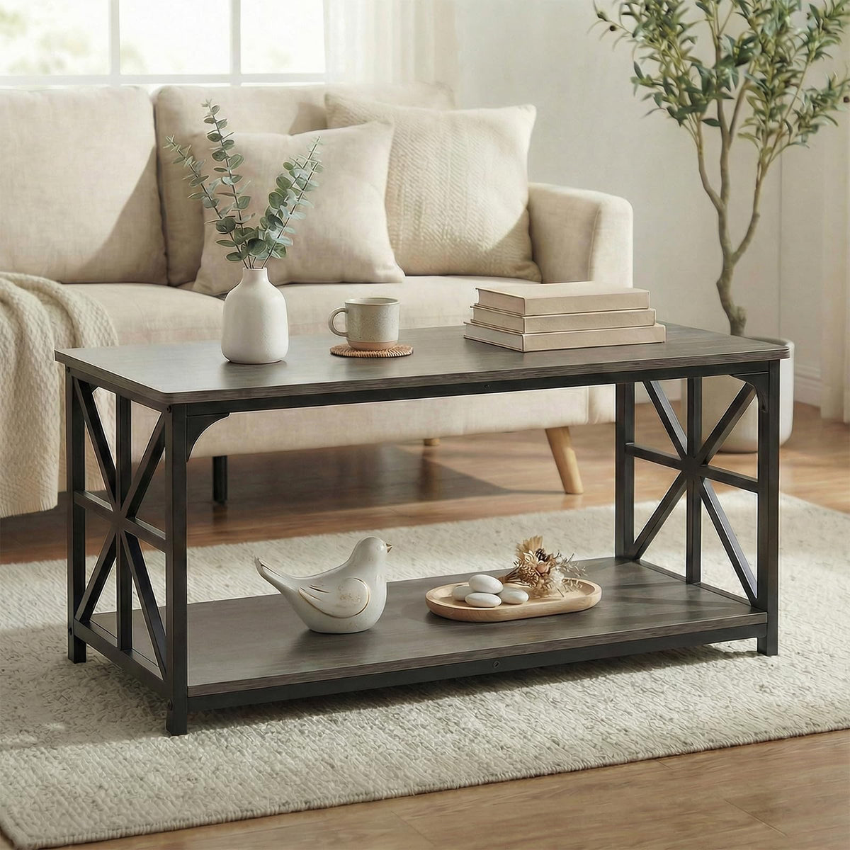 2-Tier Rectangular Coffee Table with Wooden Top and Metal Frame D593887