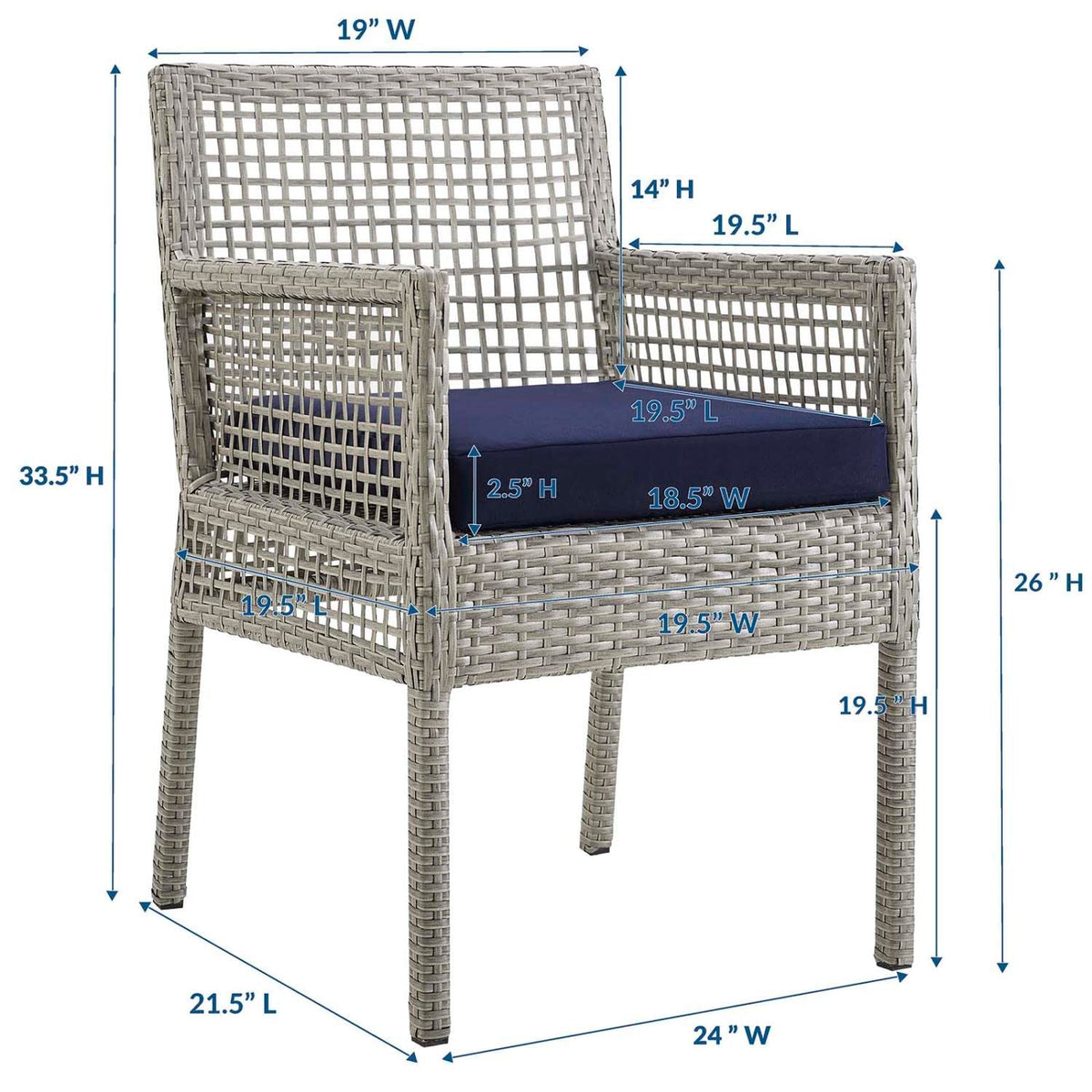 Gray Navy Wicker Rattan Outdoor Dining Arm Chair with Cushion Q67897
