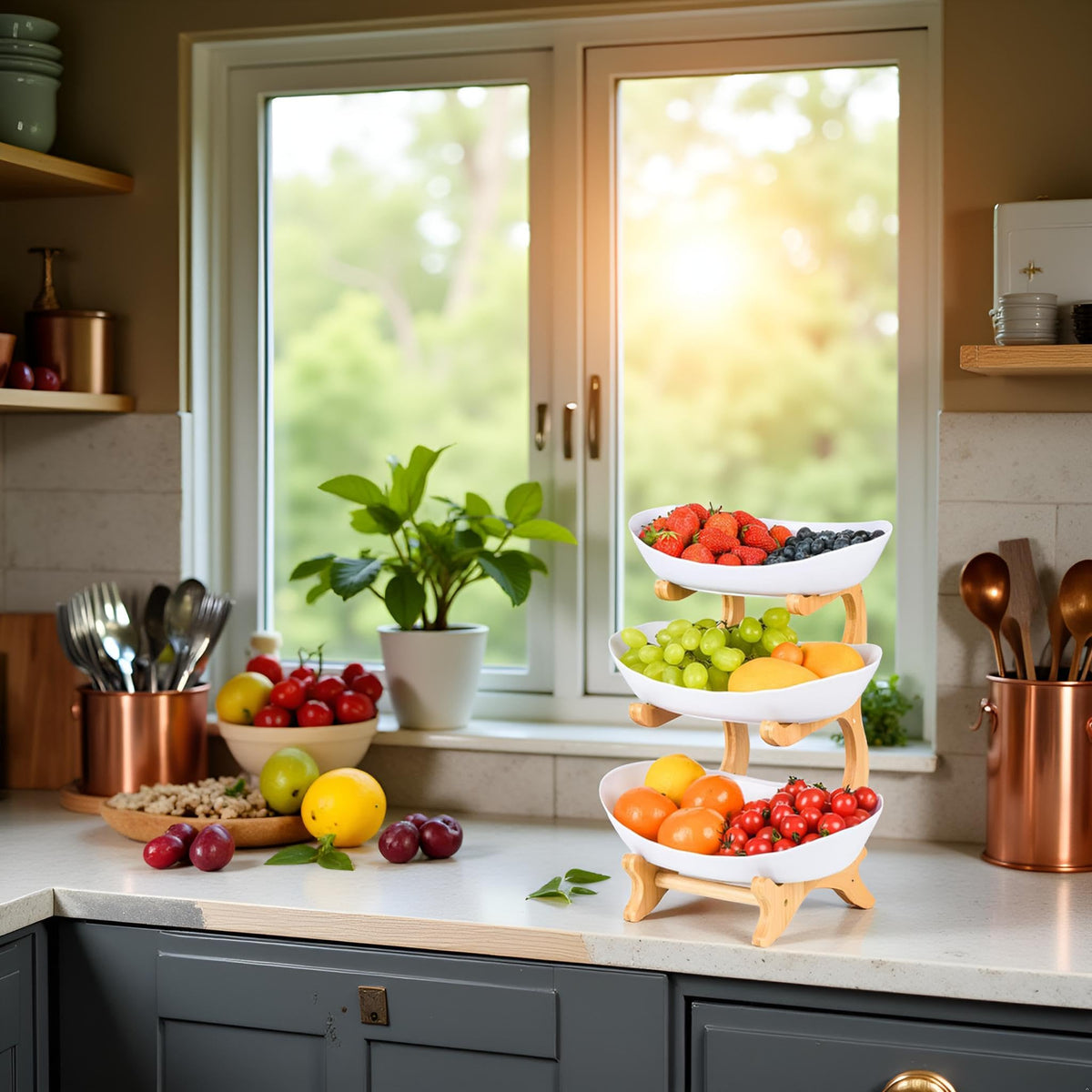 3 Tier Plastic Fruit Bowl with Bamboo Stand X2714