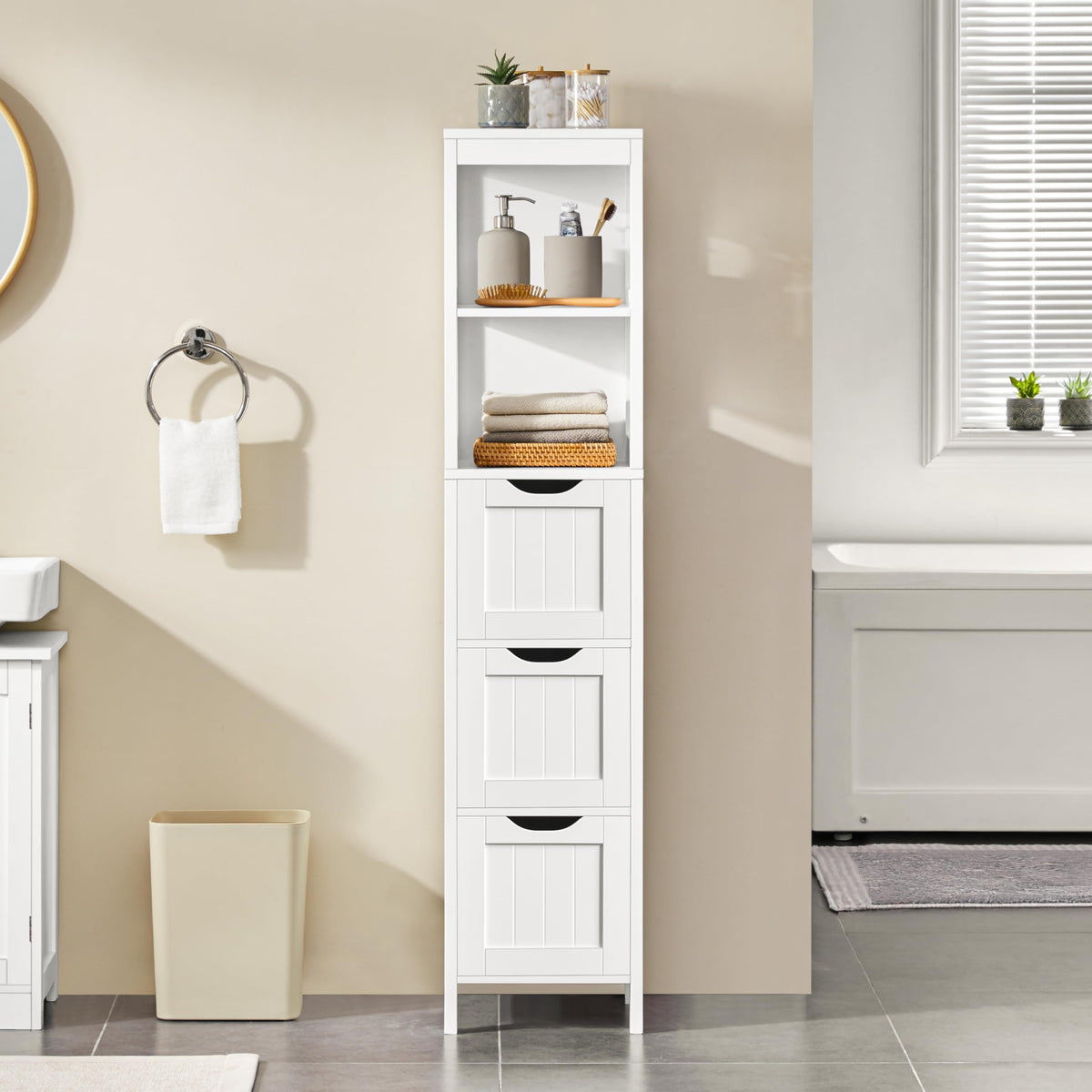 56" Tall Narrow White Bathroom Storage Cabinet with 3 Drawers J7739