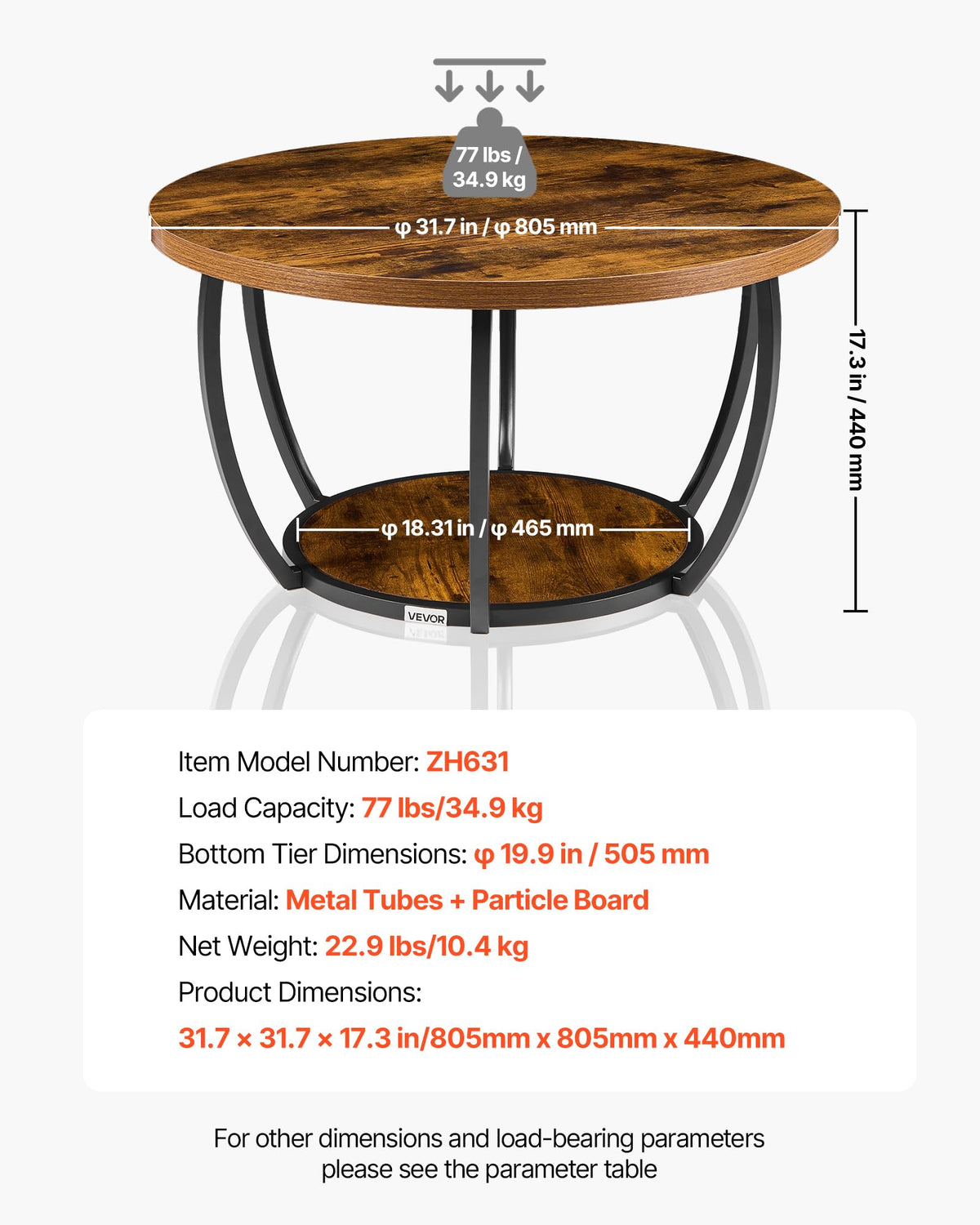 Round Coffee Table, 31.5" 2 Tiers Wooden with Metal Frame, Rustic Brown R817382