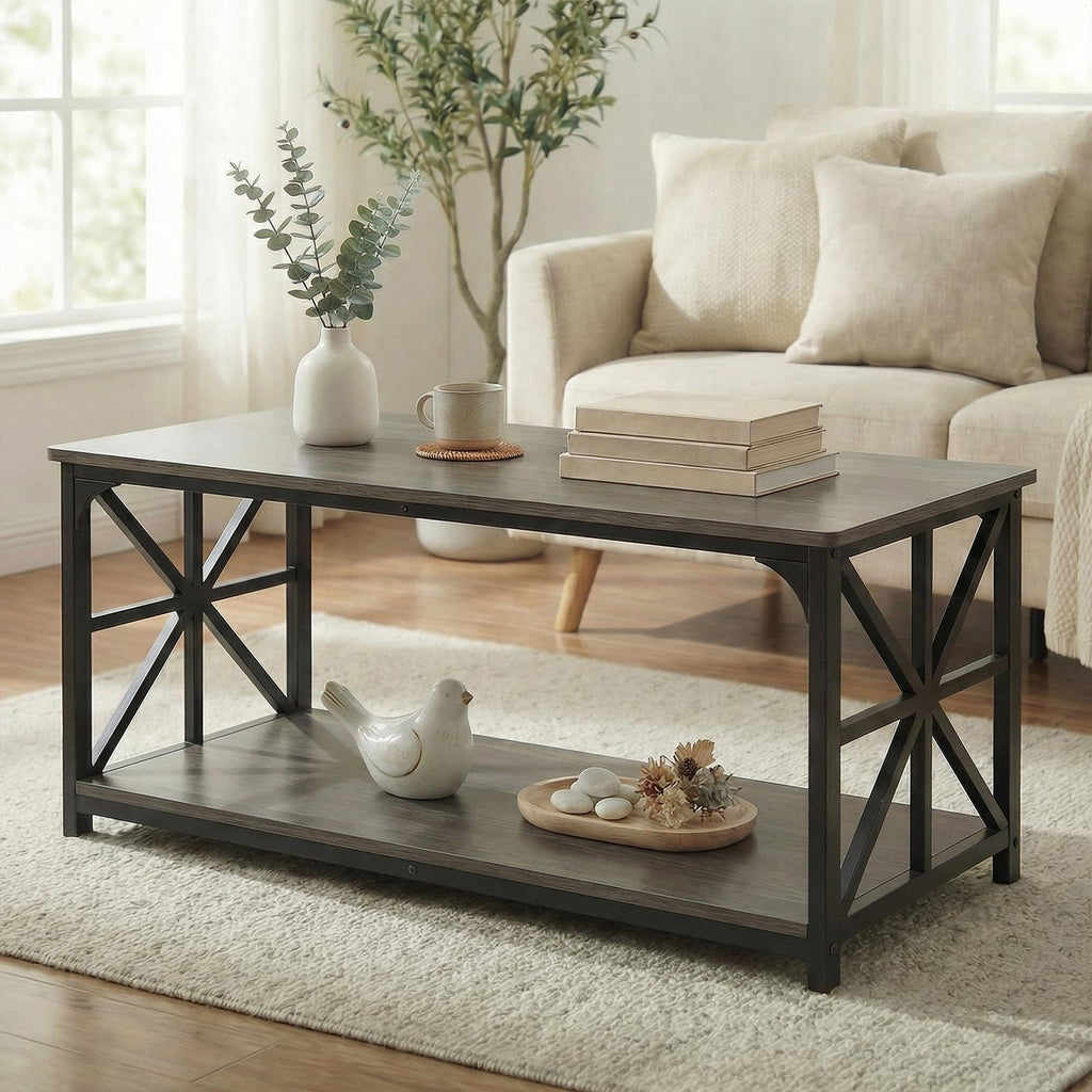 2-Tier Rectangular Coffee Table with Wooden Top and Metal Frame D593887