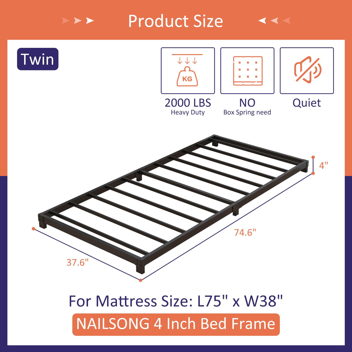4 Inch Low Profile Twin Platform Bed Frame D76857