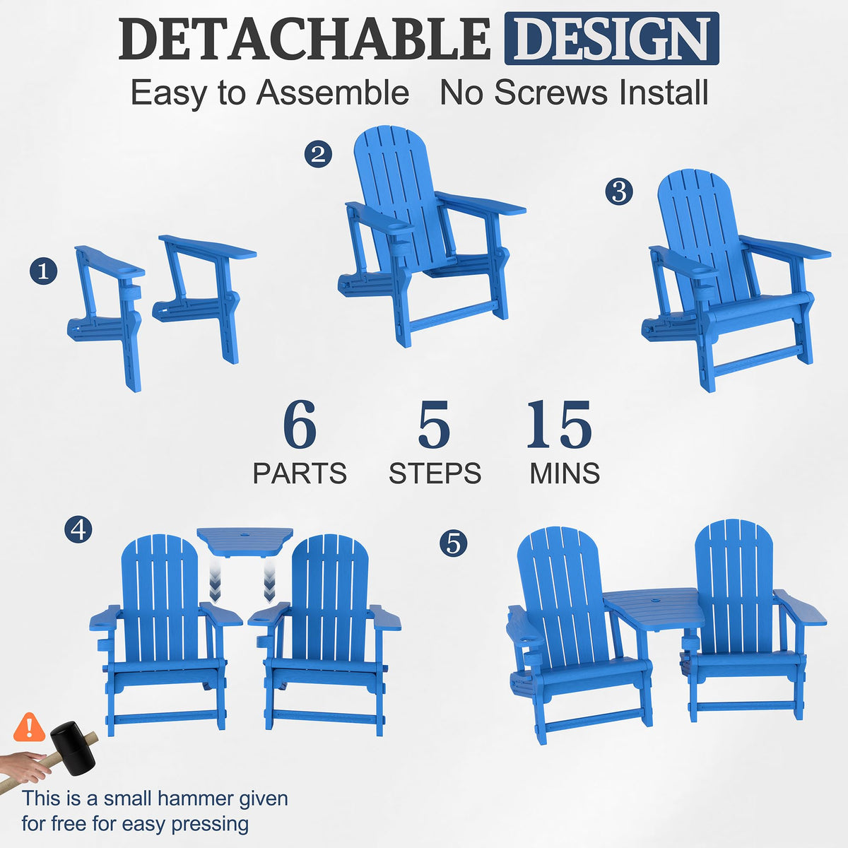 Light Blue HDPE Plastic Adirondack Chair Set of 2 with Tabletop H220