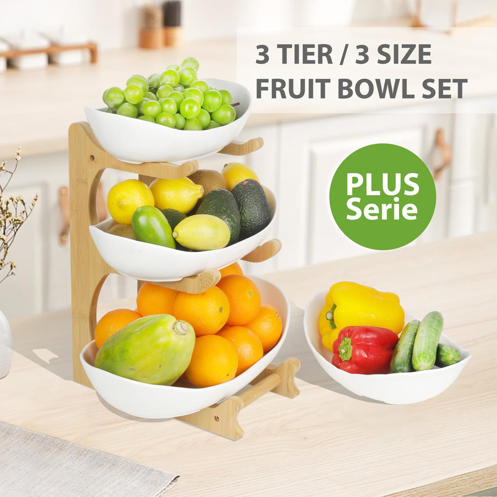 3 Tier Ceramic Fruit Bowl with Bamboo Stand W41092