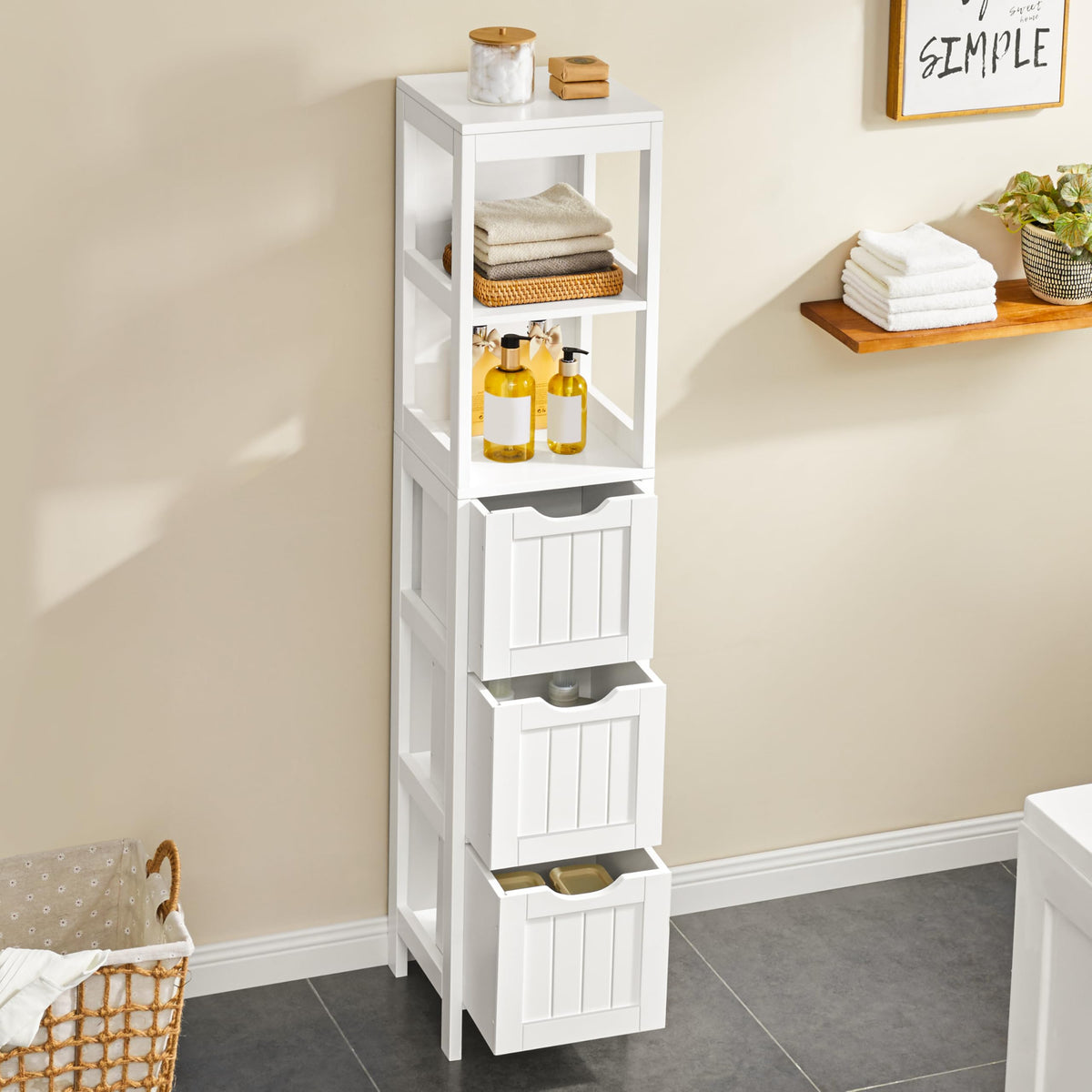 56" Tall Narrow White Bathroom Storage Cabinet with 3 Drawers J7739