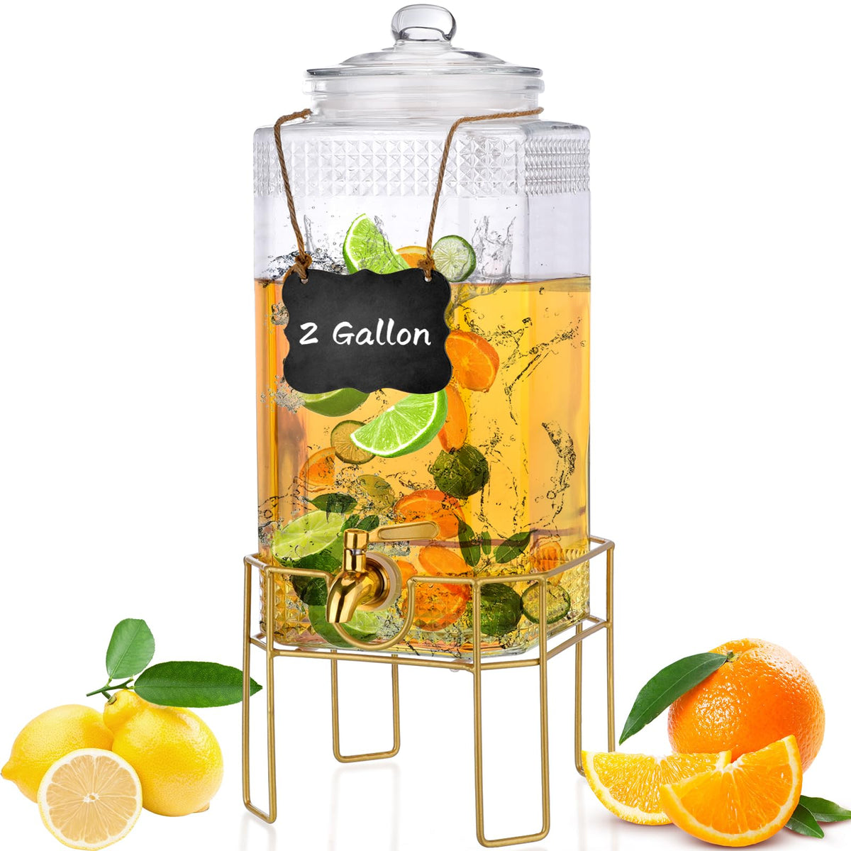 2 Gallon Drink Dispenser with Stand, Glass Lid and Stainless Steel Spigot X99936