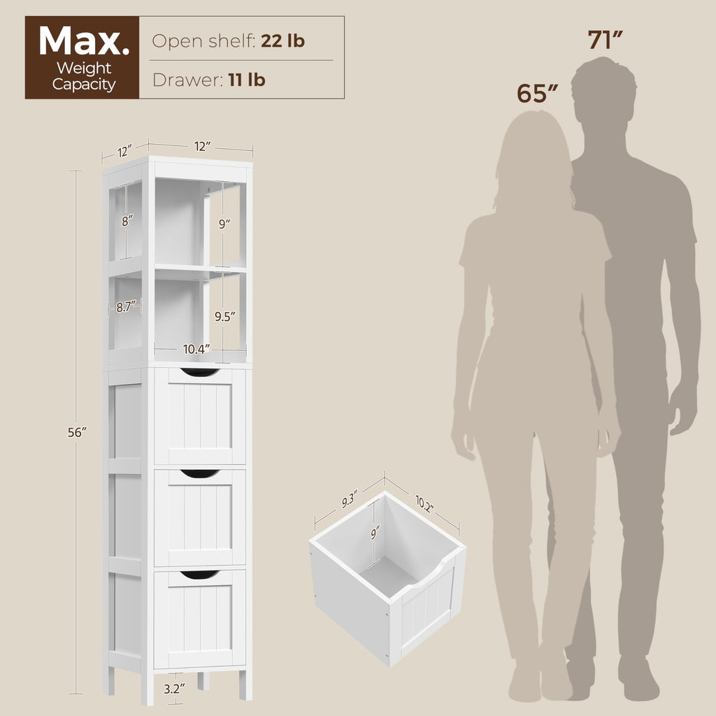 56" Tall Narrow White Bathroom Storage Cabinet with 3 Drawers J7739