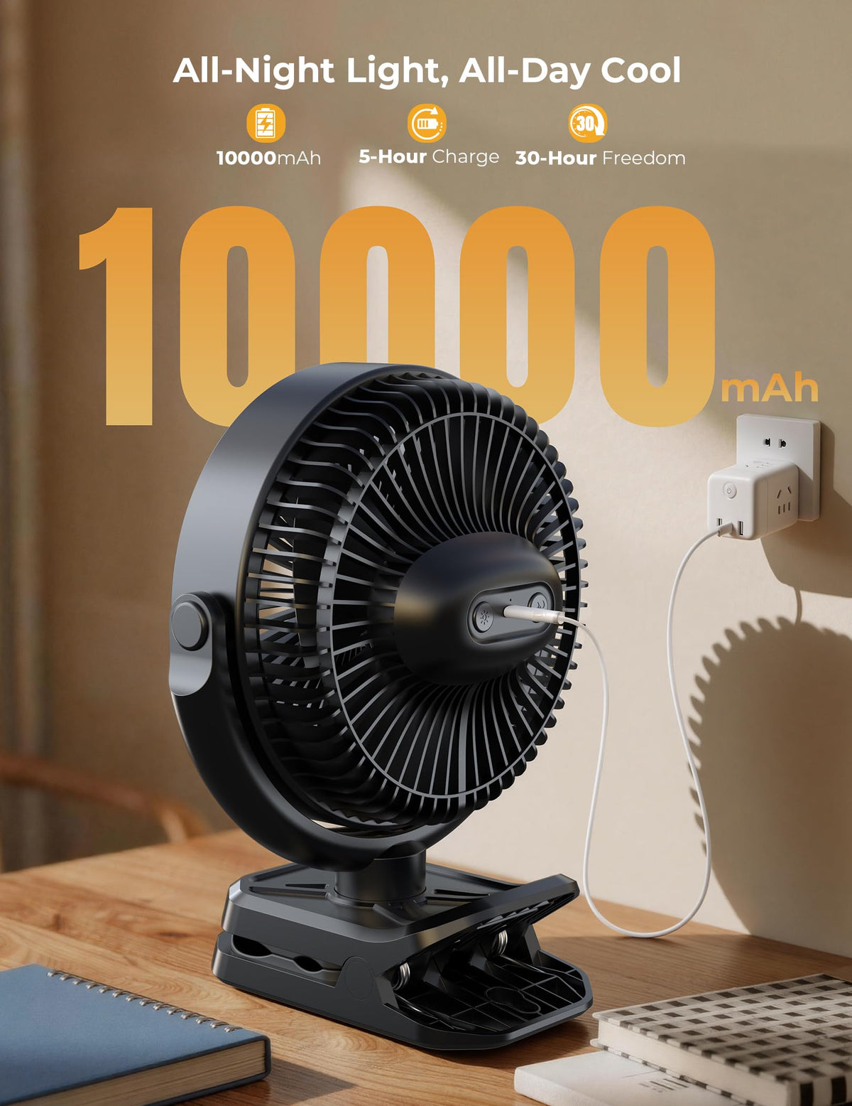10000mAh Rechargeable 8 Inch Clip on Fan Black A6804