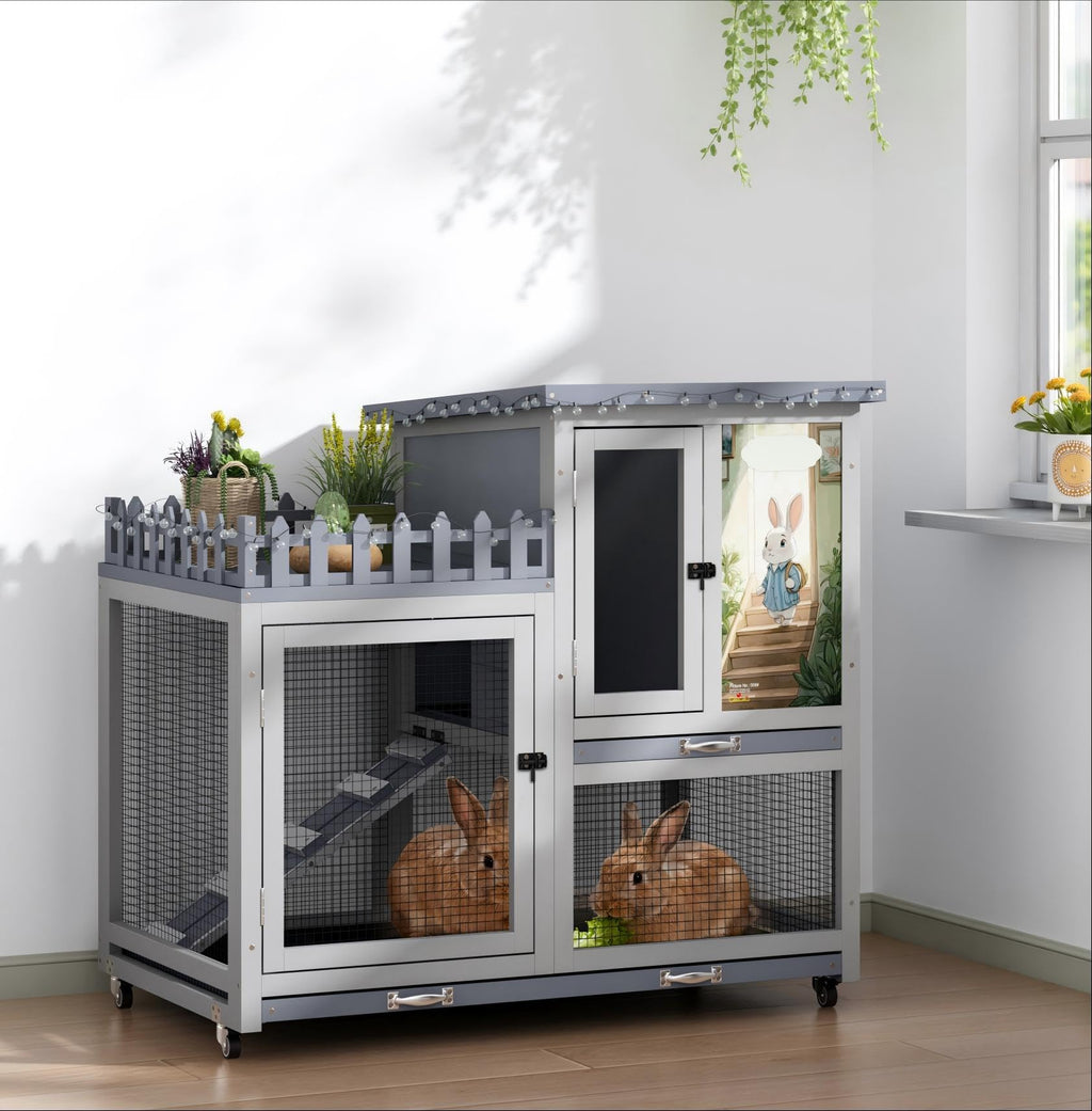 Wood Rabbit Hutch with Balcony on Wheels J235021