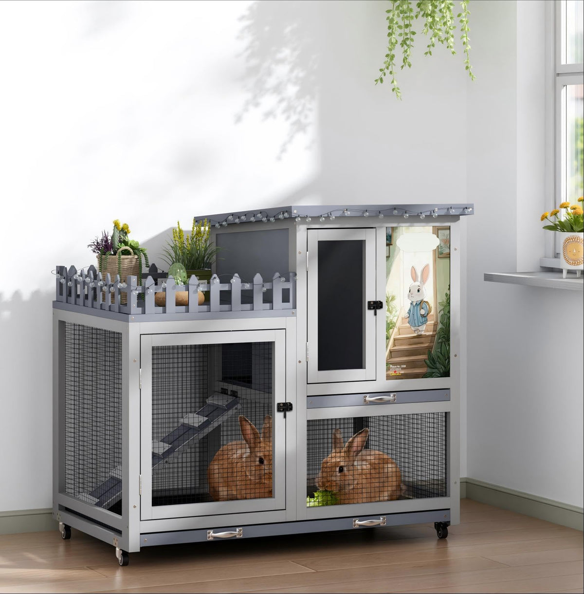 Wood Rabbit Hutch with Balcony on Wheels J235021