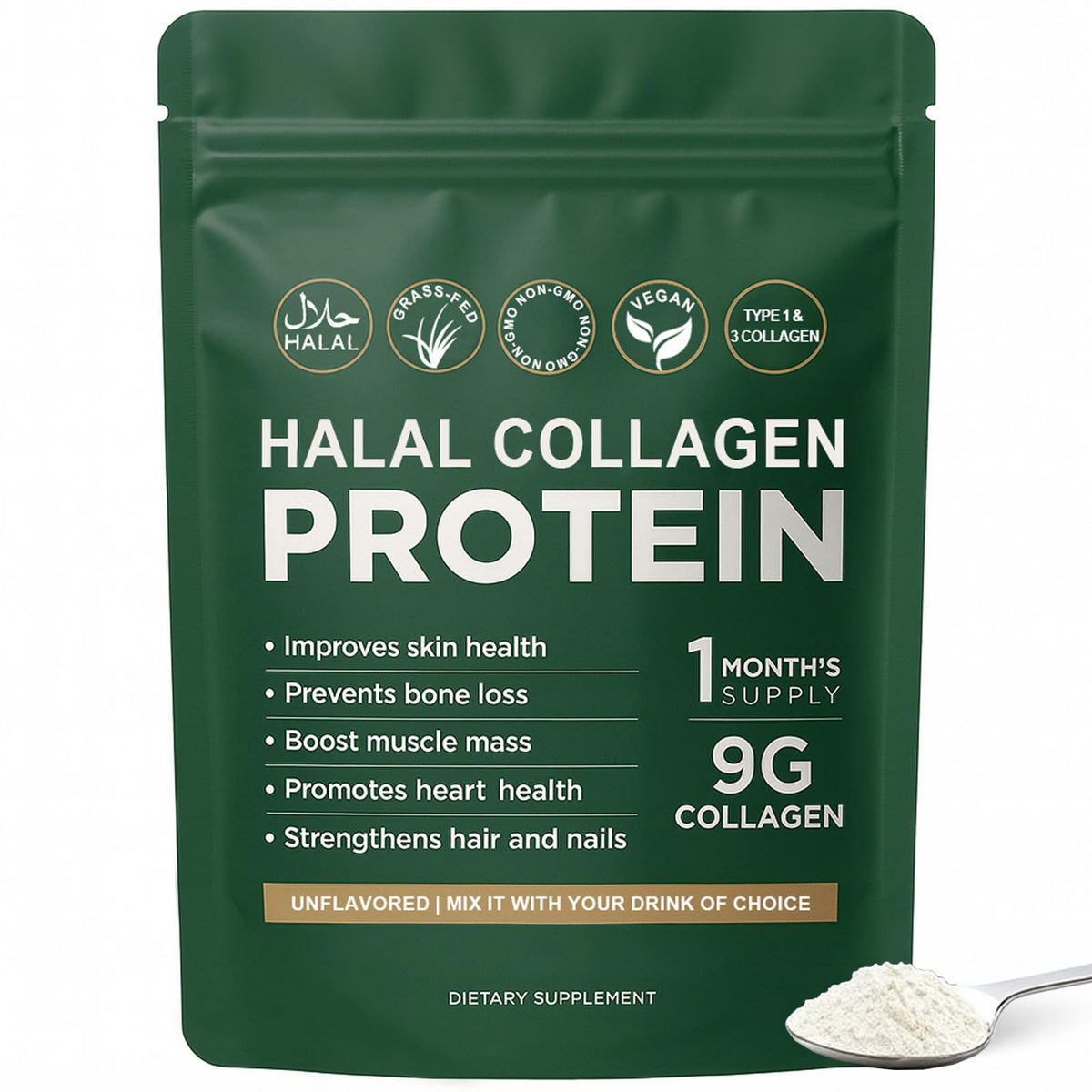 Halal Collagen Protein Powder, Grass Fed Organic Hydrolyzed Peptides, Unflavoured, 30 Servings W307