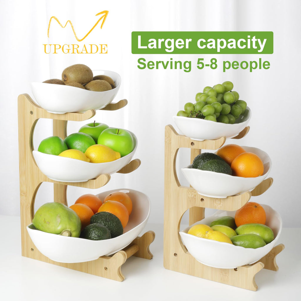 3 Tier Ceramic Fruit Bowl with Bamboo Stand W41092